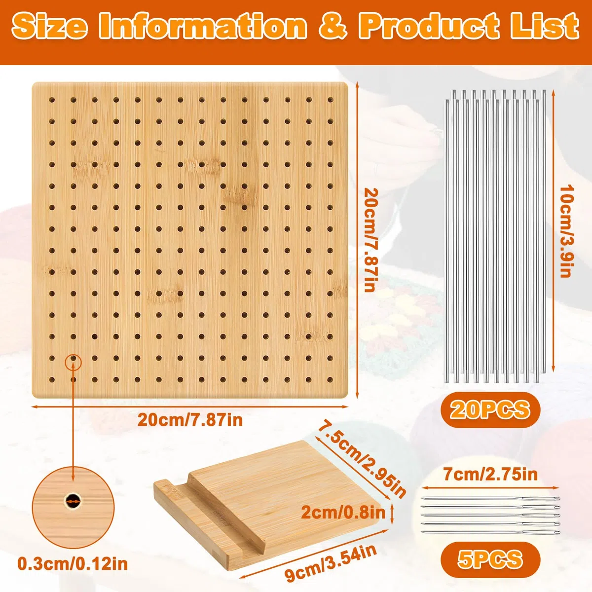 Kit Bloqueador Crochet con 20 Barras Acero Inoxidable, 1 Base Soporte y 5 Agujas Ojos Grandes, Tabla Bloqueo Ganchillo Madera Bambú, Tablero Bloqueo Cuadrado para Proyectos Punto Hechos Mano (20x20cm)