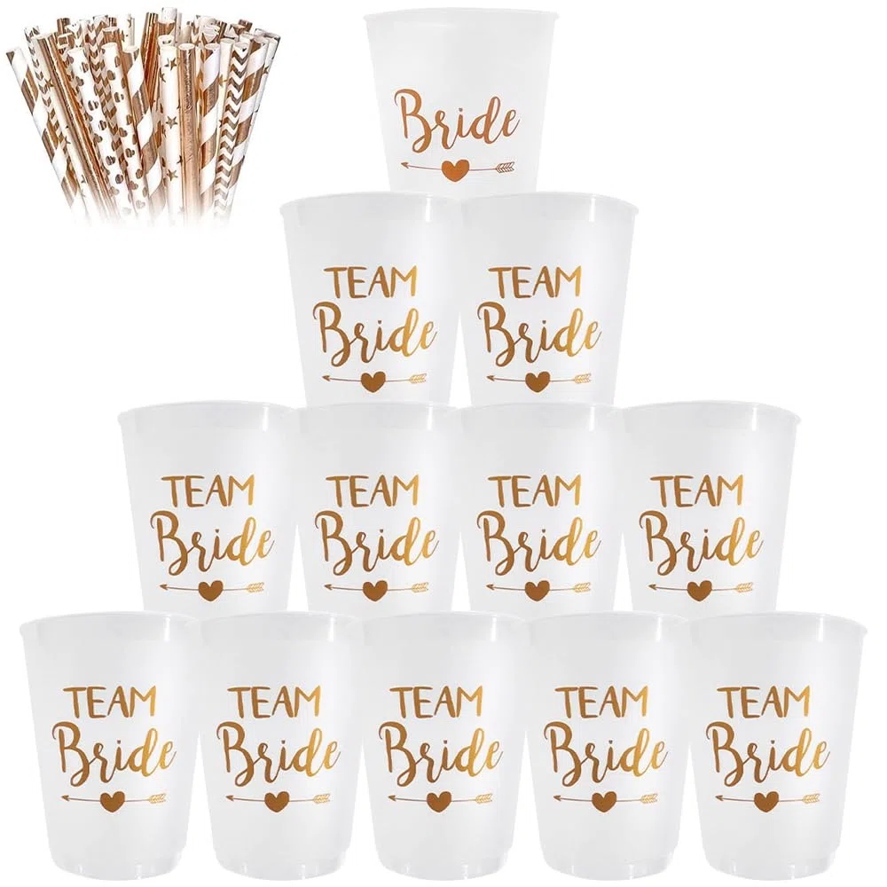 Juego de 12 tazas con 12 pajitas, taza JGA reutilizable Team Bride Bachelorette Party Cup Bride Team Tazas para Bridal Shower Compromiso despedida de soltero