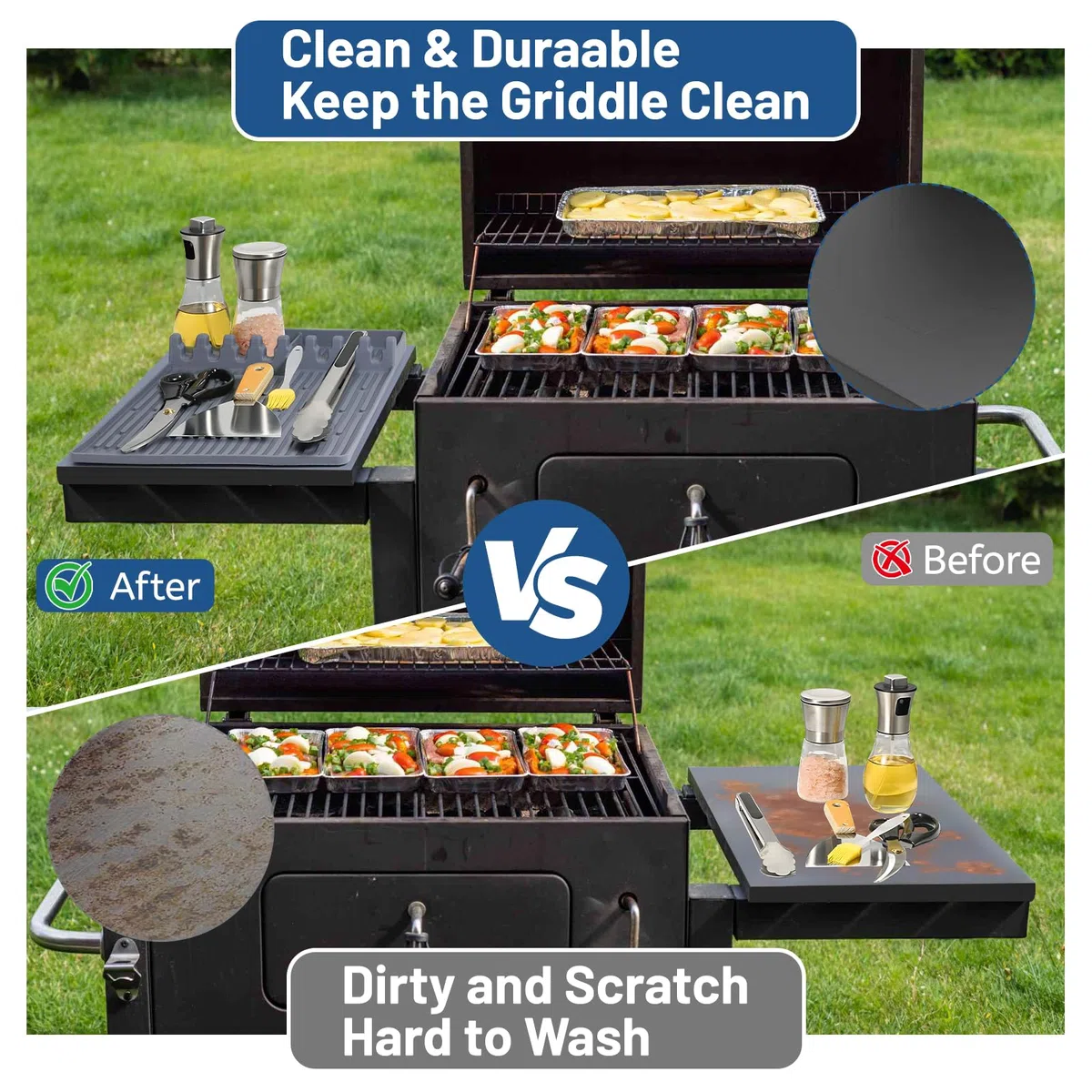 DBREAKS Estera para Barbacoa Mesas Laterales, Incluye pincel para untar y orificios para colgar, Alfombrilla de Silicona para Herramientas, Gris