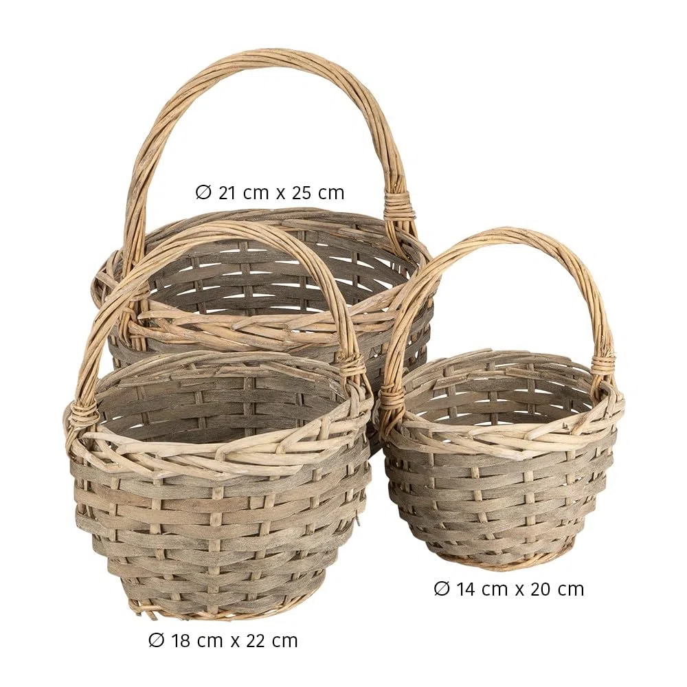 Ideen mit Herz Set de cestas de mimbre | 3 cestas en diferentes tamaños: diámetro 14, diámetro 18, diámetro 21 cm | con asa | trenzadas | redondas | pequeñas | Ideal como regalo o cesta de regalo