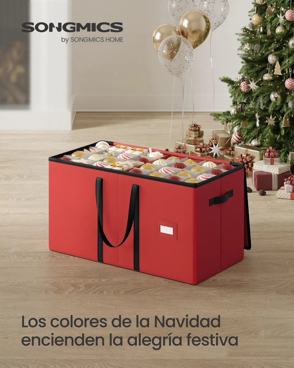SONGMICS Caja Almacenaje de Adornos Navideños, 7,6 cm 128 Ranuras, Caja Apilable para Adornos Navideños con Tapa, Cremallera Doble, Separadores Ajustables, Tela no Tejida, Rojo Cereza RFB039R01