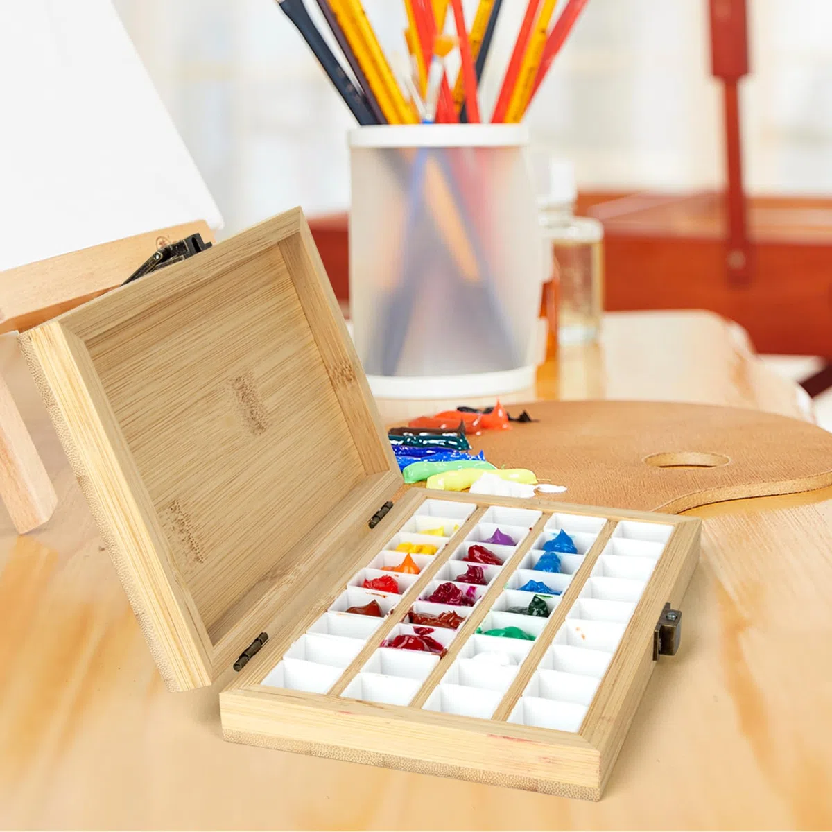 Paleta de Pintura de Madera para Acuarelas con Tapa Hebilla Cuadrada Paleta de Pintura Acrílica con 36 Rejillas para Pintores del Ejército Pintores de Acuarela Artistas Principiantes