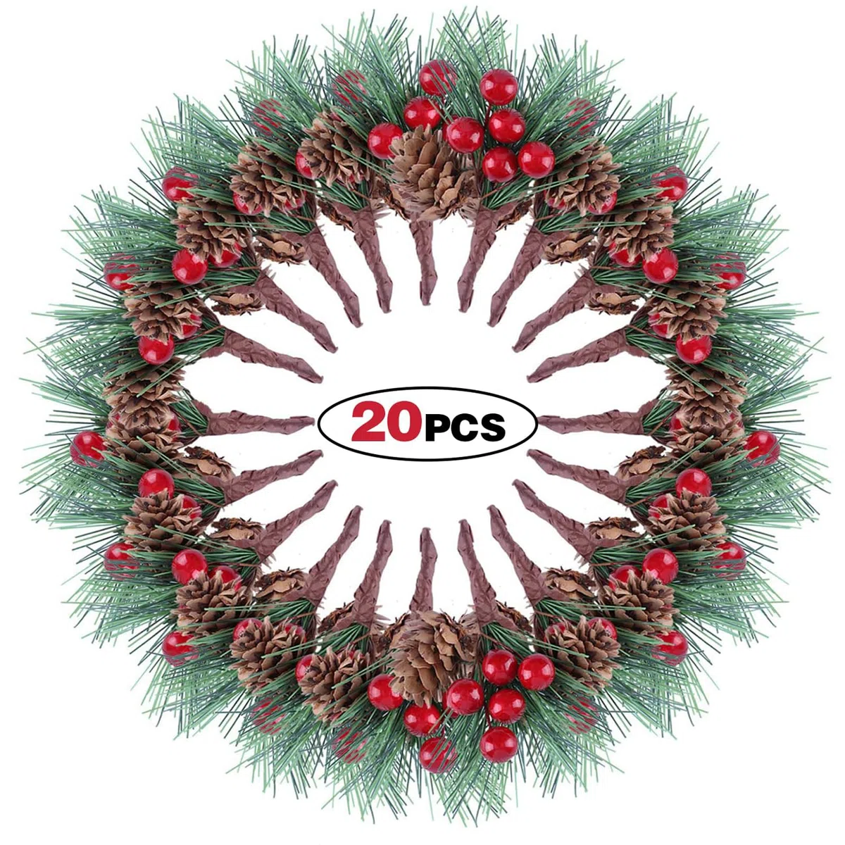 Lote de 20 Ramas de Abeto Artificial con Bayas Rojas y Piñas,Decoración de Navidad,Corona de Adviento,Guirnalda Festiva,DIY y Adornos para Árbol Navideño