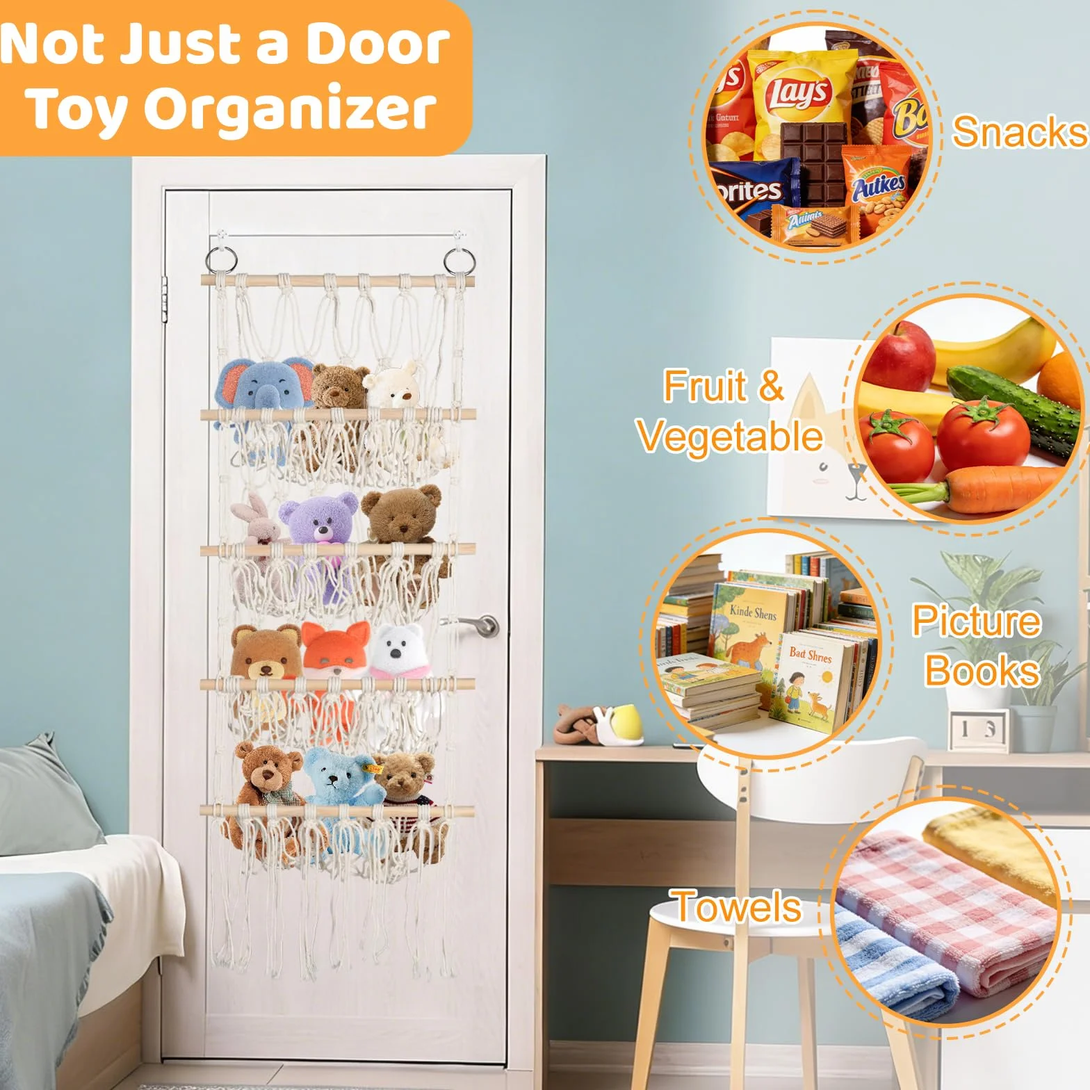 Qivine Organizador Peluches, 4 Capas Bohemio Guardar Juguetes con Gancho & Clip de Madera, Organizador Colgante para Sala de Juegos, Dormitorio, Habitación