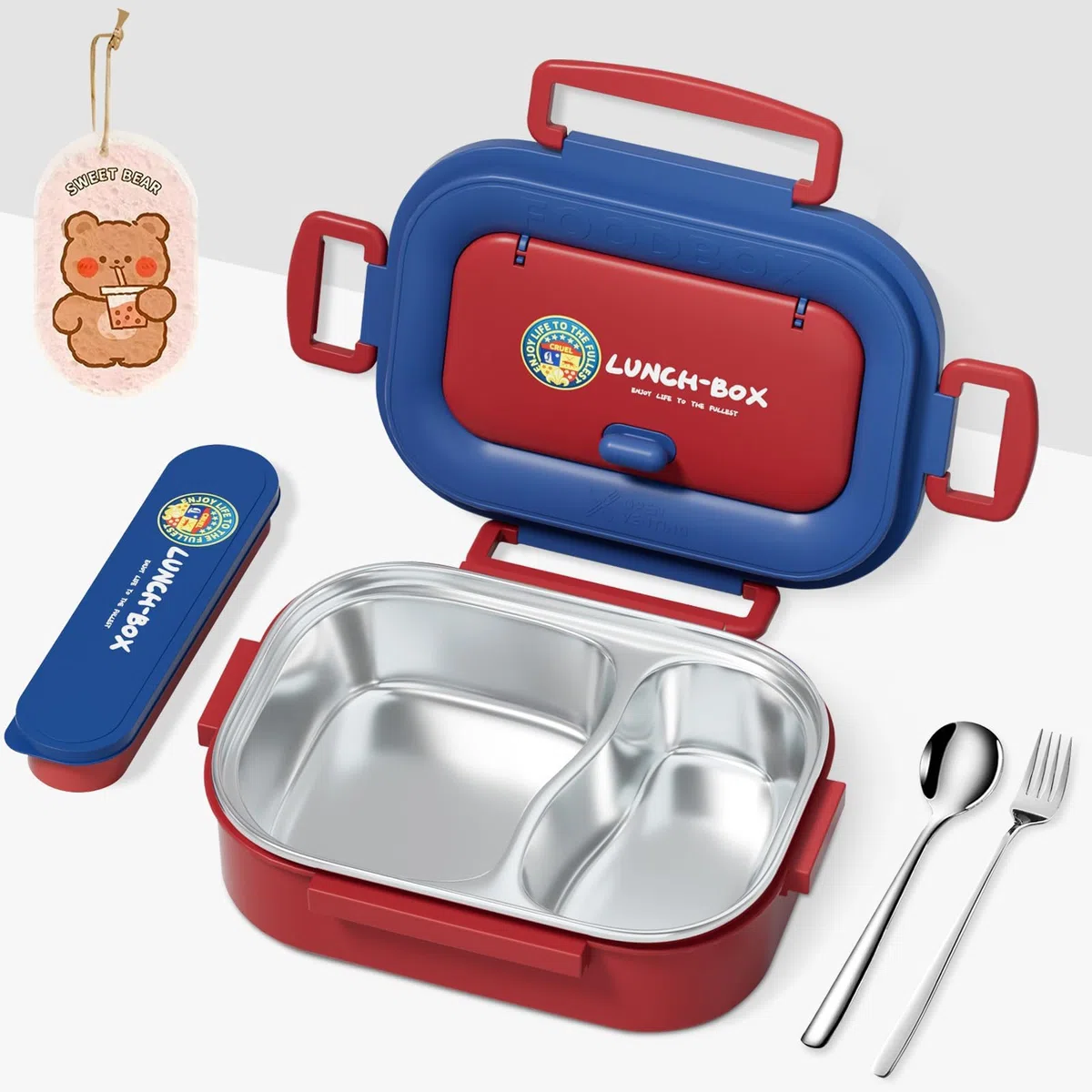 Fiambrera De Acero Inoxidable,Fiambrera Campus,Bento Box para Niños,Lonchera con Compartimento y Tenedor, con Cierre de Clip, De Fugas 1200ml,Para Adultos Y Niños