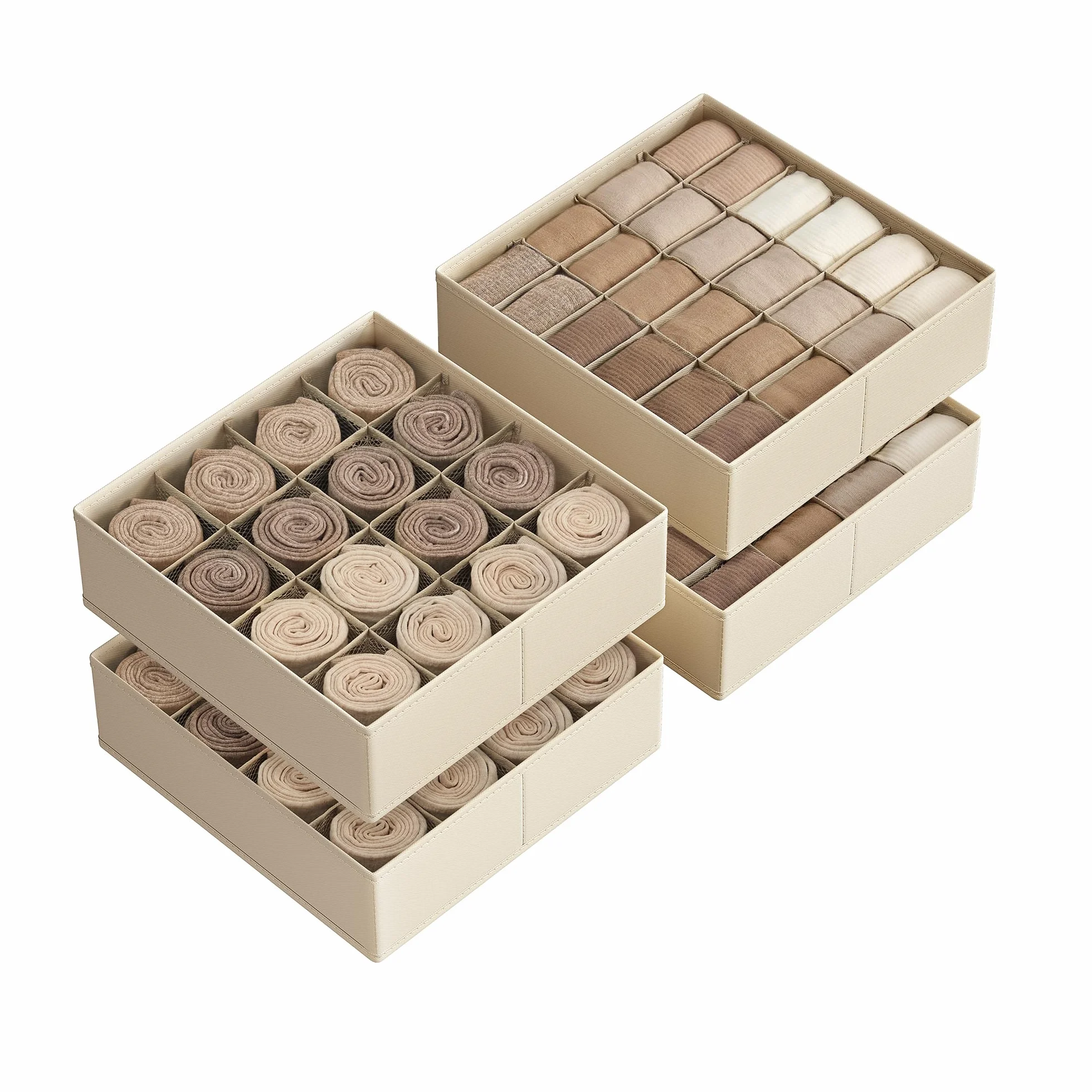 SONGMICS Juego de 4 Organizadores de Cajones, 80 Compartimentos, Cajas Plegables, 30x30x10 cm, Beige Arena