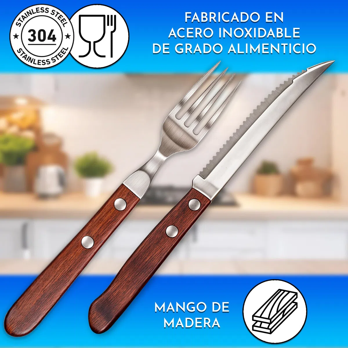 Cubiertos carne acero inoxidable madera 24 piezas con cuchillos carne 12 piezas y 12 piezas de tenedores de carne
