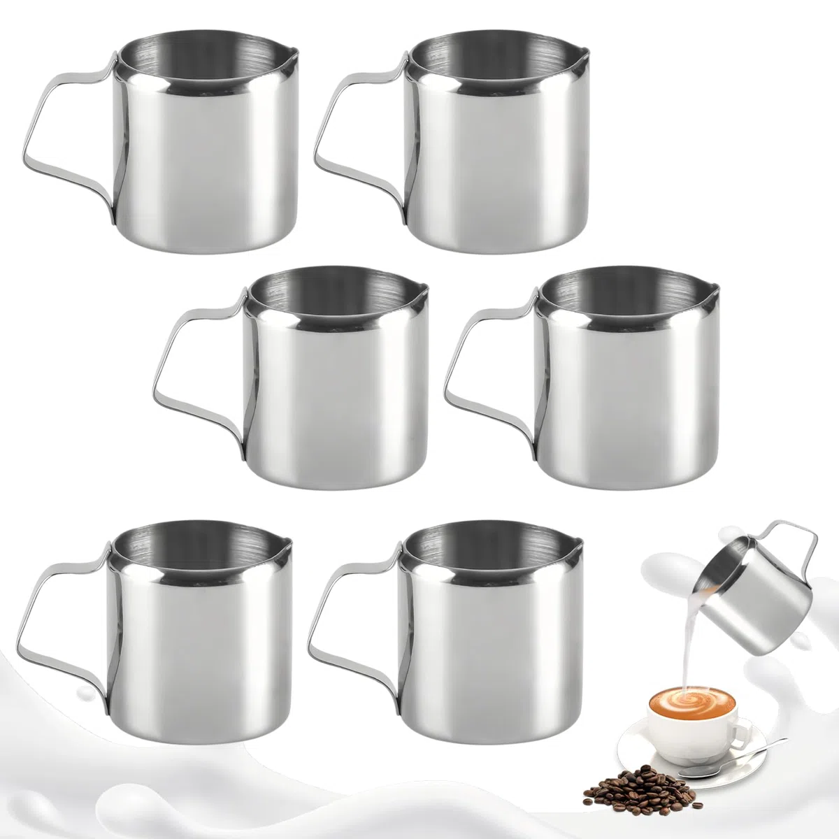 Juego de 6 jarras de leche de acero inoxidable, 90 ml, mini jarra de espuma de leche de 3 oz, pequeñas jarras para café y café con leche