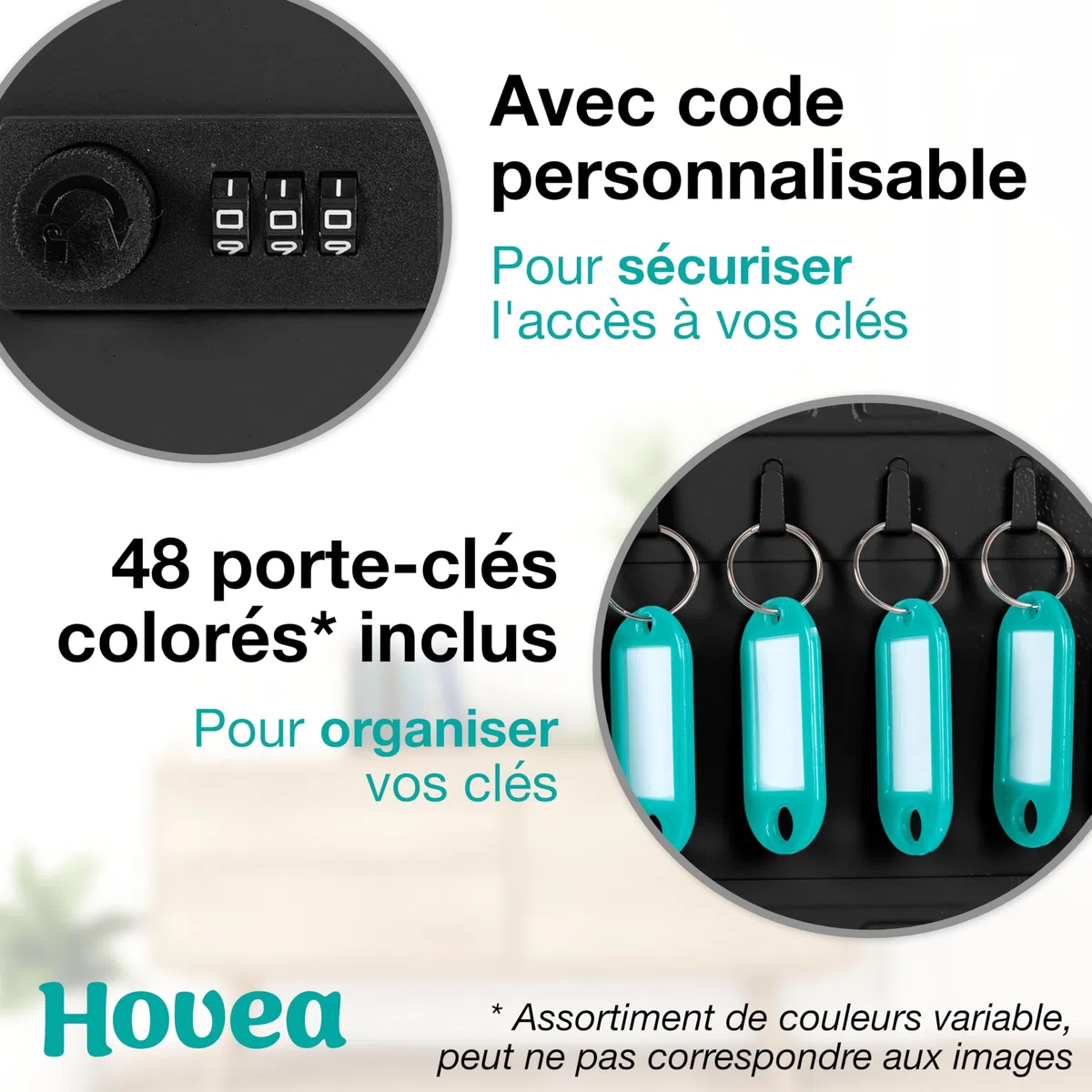 Caja para llaves de pared con código - 48 ganchos - Armario de llaves seguro - Para llaves de casa y coche - Con 48 llaveros de colores - Metal - Negro - BKY481