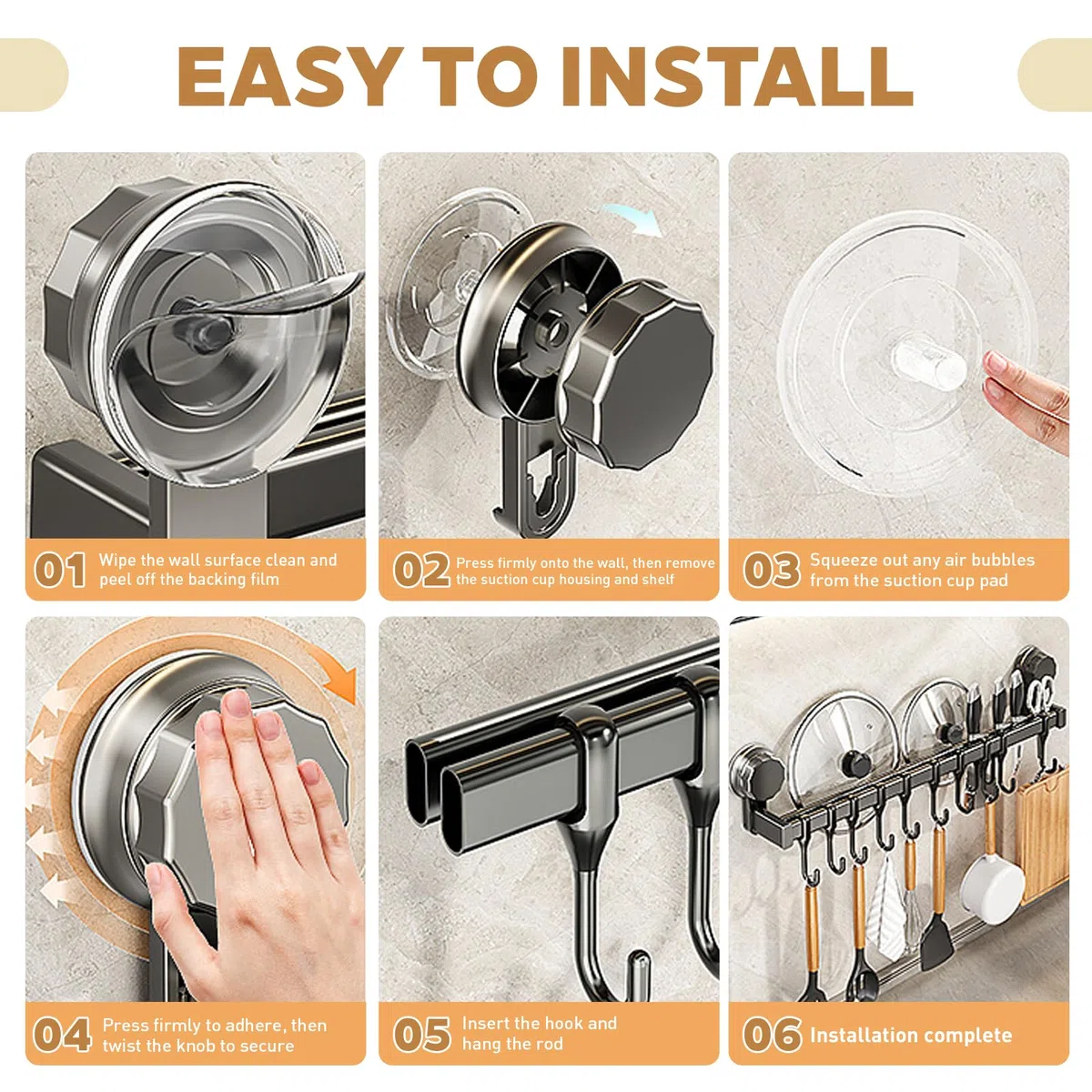 Colgador Utensilios Cocina, Barra Utensilios Cocina con Ventosa y Doble Barra, 40 cm Barra Cocina Ventosa para Tapas y Cuchillos, Barra con Ganchos Cocina para Cocina y Baño, Gris Oscuro