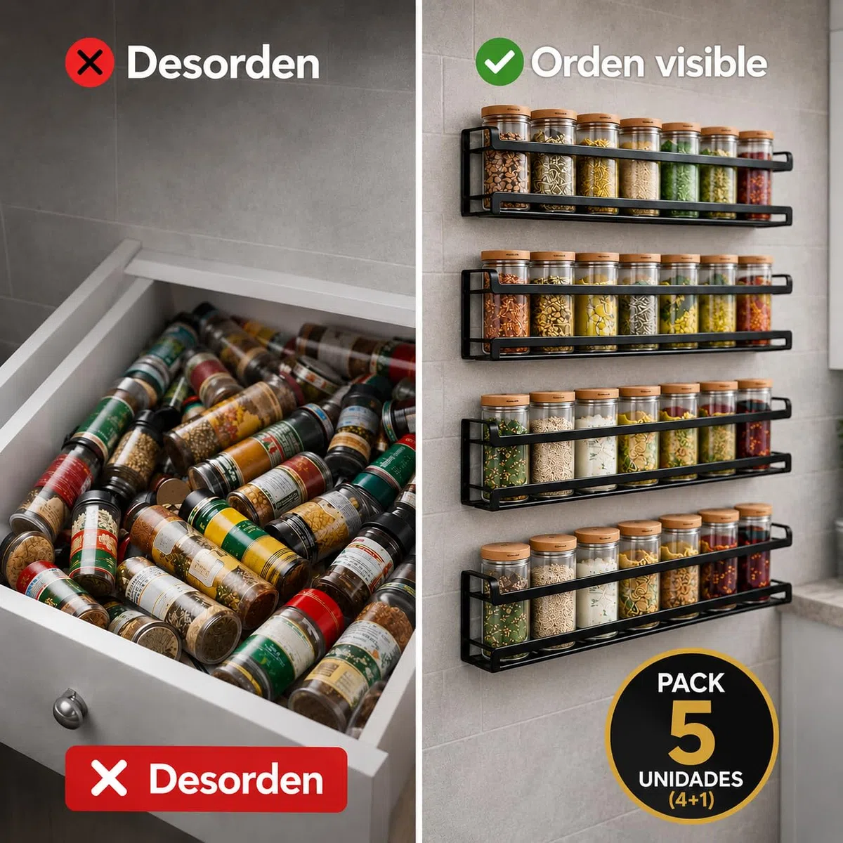 Especieros para Cocina, Pack de 5 (4+1 Extra), Organizador de Especias, 5 Estanterías Metálicas Negro Mate, Sin Taladrar, para Armarios y Baño, Incluye Nivelador, Adhesivo o Tornillos