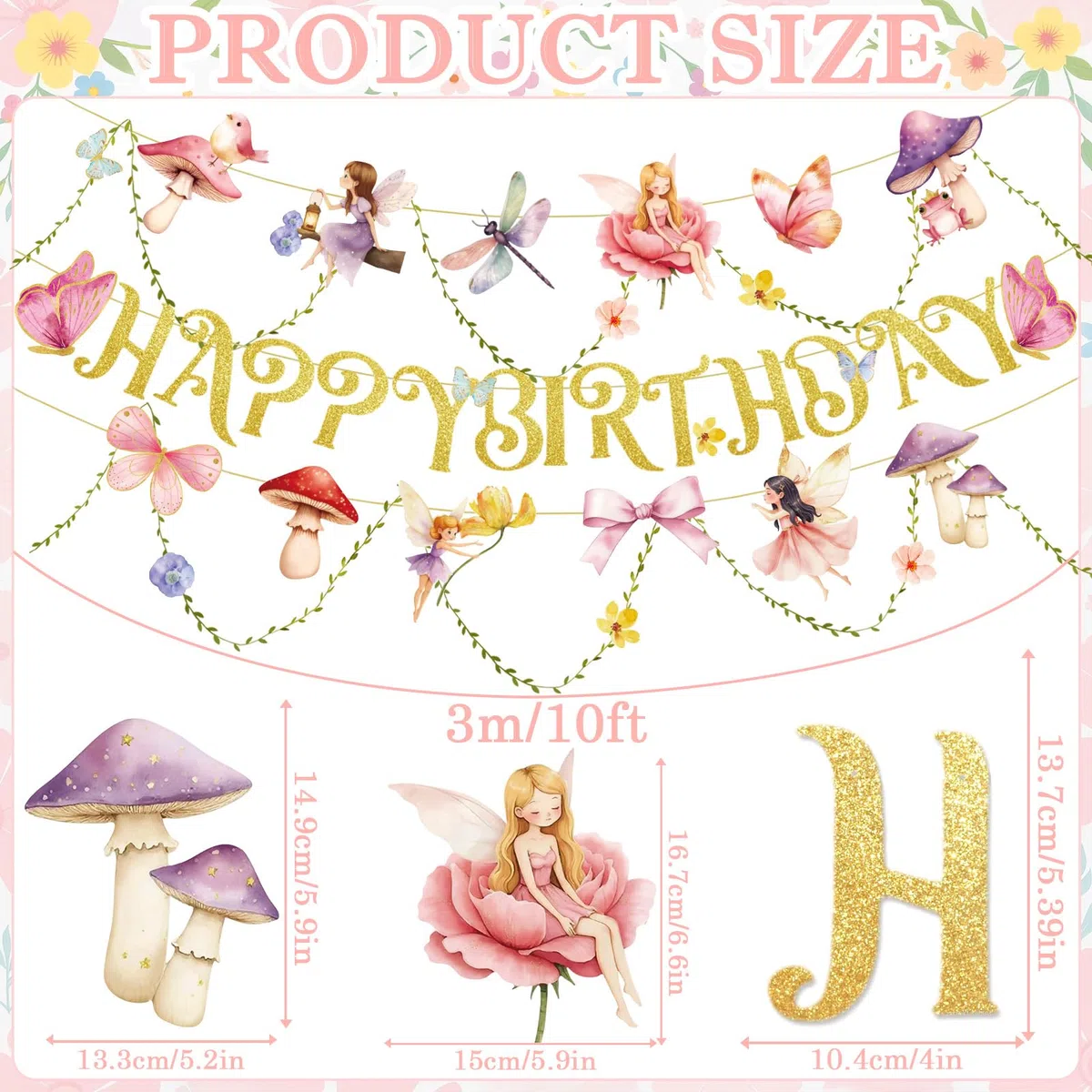 SUNBEAUTY Happy Birthday Girlande Rosa Hadas Cumpleaños Decoración Flores Guirnalda Mariposas Decoración para Cumpleaños Infantiles Jardín Fiesta Decoración Primavera Verano Decoración Interior