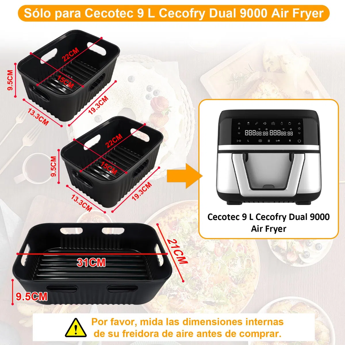 3 Piezas Molde Silicona Freidora de Aire sólo para Cecotec 9 L Cecofry Dual 9000 Air Fryer, Accesorios Freidora de Aire sin Aceite, Reutilizable Moldes Silicona Air Fryer (1 * 9 l+2 * 4,5 l)