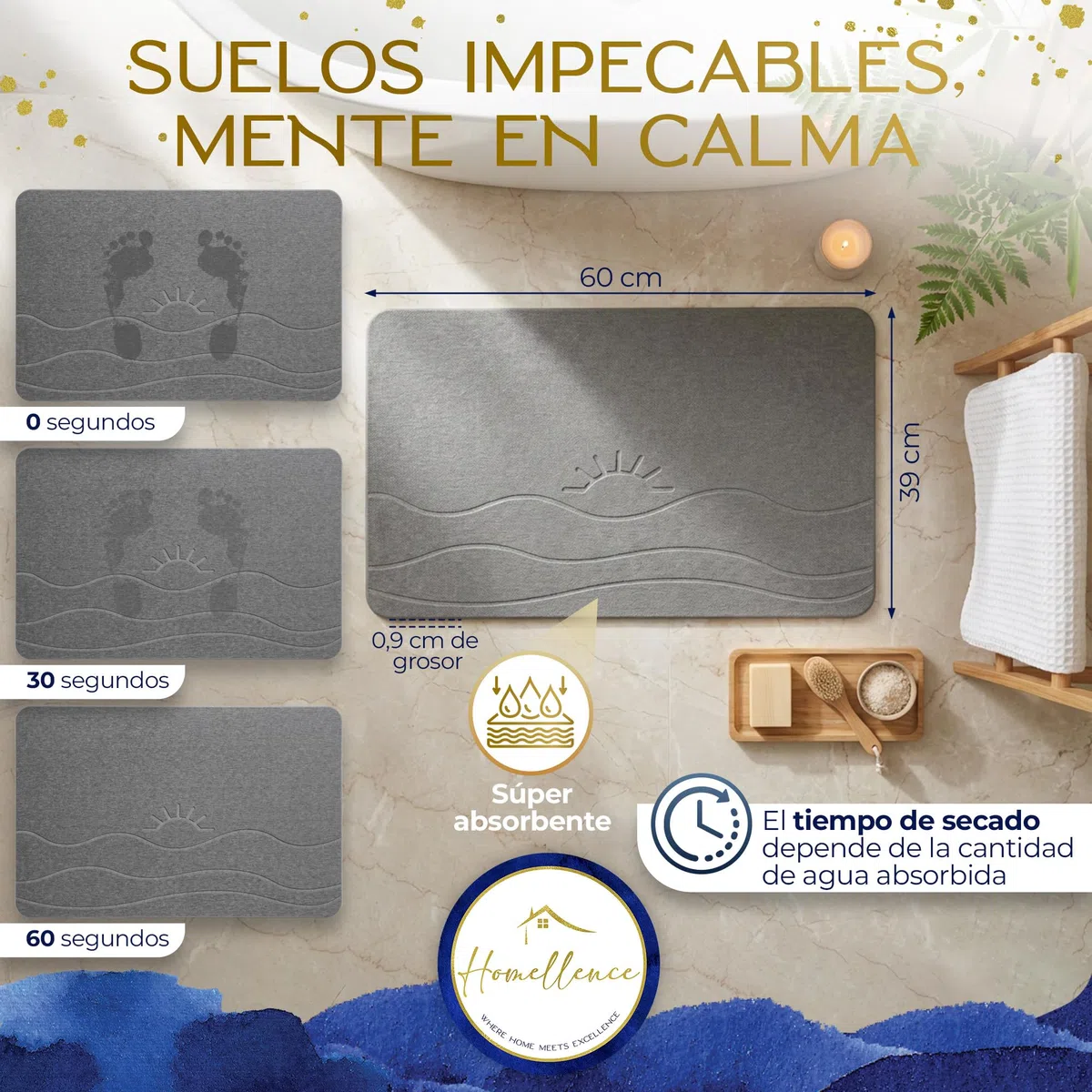 Homellence Alfombra Diatomita Baño 60x39 cm Secado Rápido Antideslizante Higiénica - Alfombrilla Diatomita Antibacteriana Absorbente - Alfombra Baño Piedra - Stone Bath Mat (Solaris Aura)