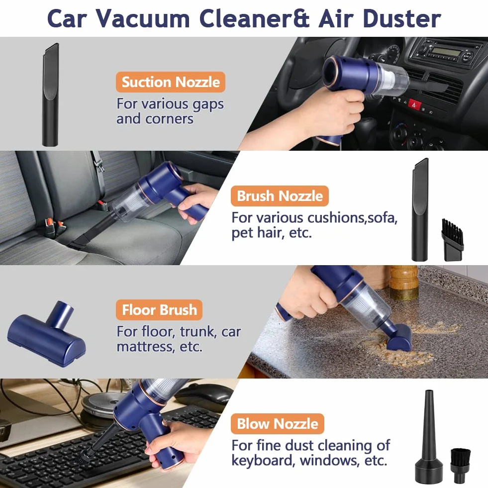 URAQT Aspirador Mano Potente, 3 in 1 Multifunción 120W Aspiradora de Mano Sin Cable 9000PA, USB 4000mah Aspirador Coche Carga Rápida con Filtro Lavable, Aspiradora Sin Cable para Coche Oficina Hogar
