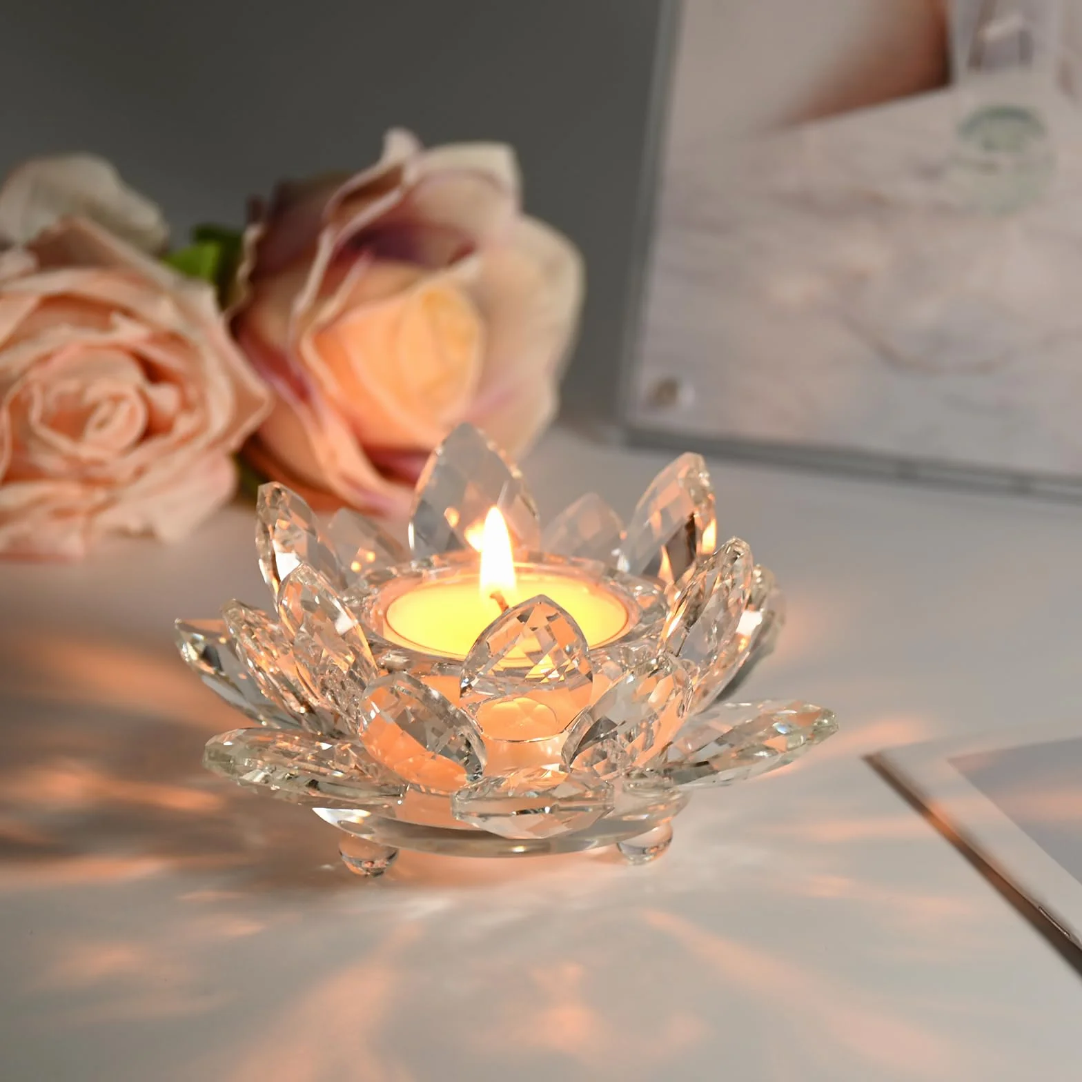 Porta Velas Cristal, Portavelas de Te de Flor de Loto, Portavelas Votivo de Cristal, Candle Holder de Vidrio para Decoración Navideña, Bodas y Fiestas en Casa (2)
