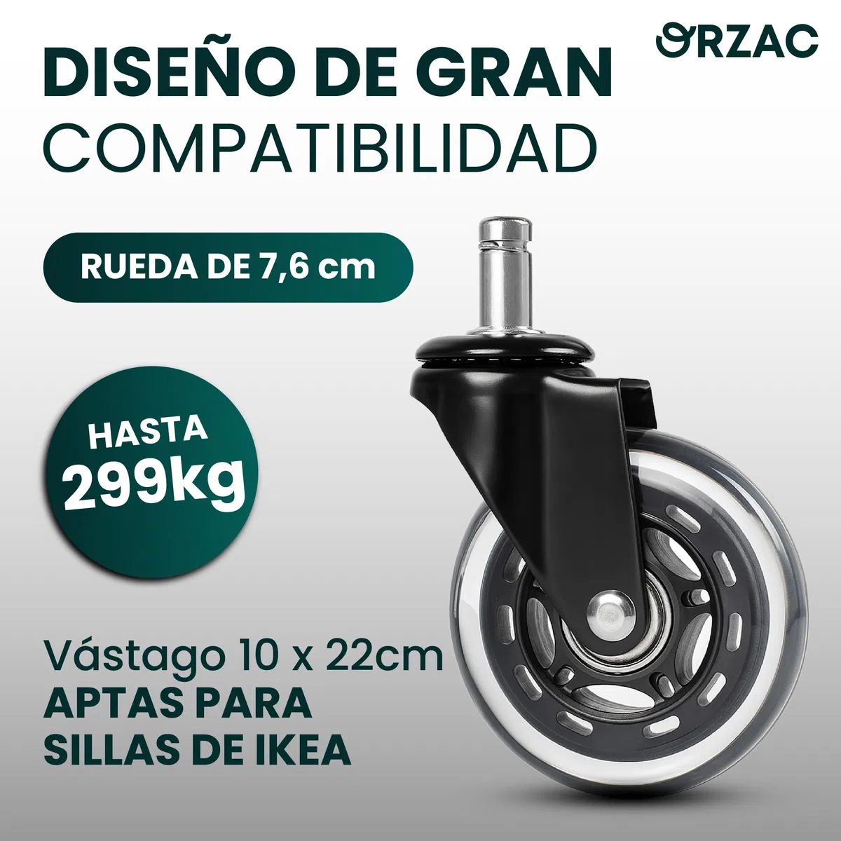 Ruedas Silla Oficina Goma para Gaming y Despacho | Vástago 10/22 mm Giro 360 | Set 5 Unidades con 2 Guantes | Silenciosas Antirayaduras para Parquet Vinilo y Madera Baldosas Recambios 10/22 mm
