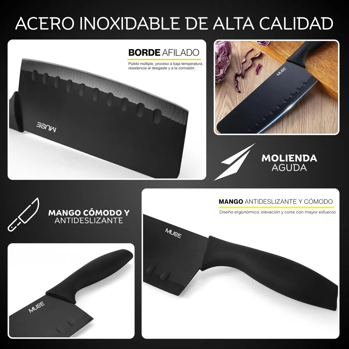 Juego de Cuchillos de Cocina Profesional 8 Piezas con Soporte, Pelador y Afilador, Set Completo de Cuchillos para Carne y Cocina