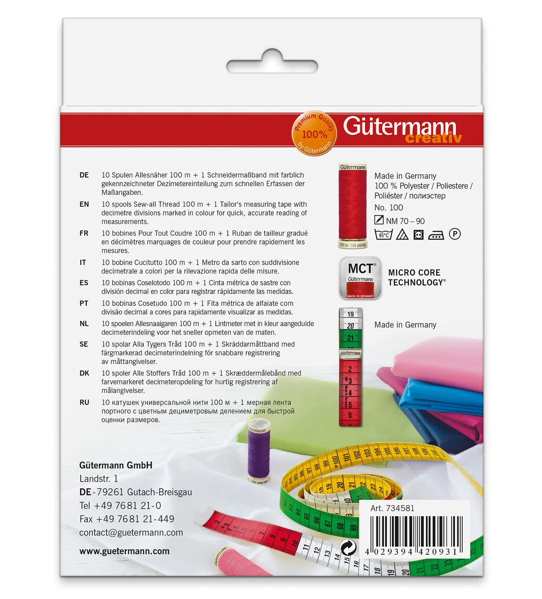Gütermann creativ Set hilo de coser con 10 bobinas de Coselotodo de 100 m en tonos vivos + una cinta métrica de sastre
