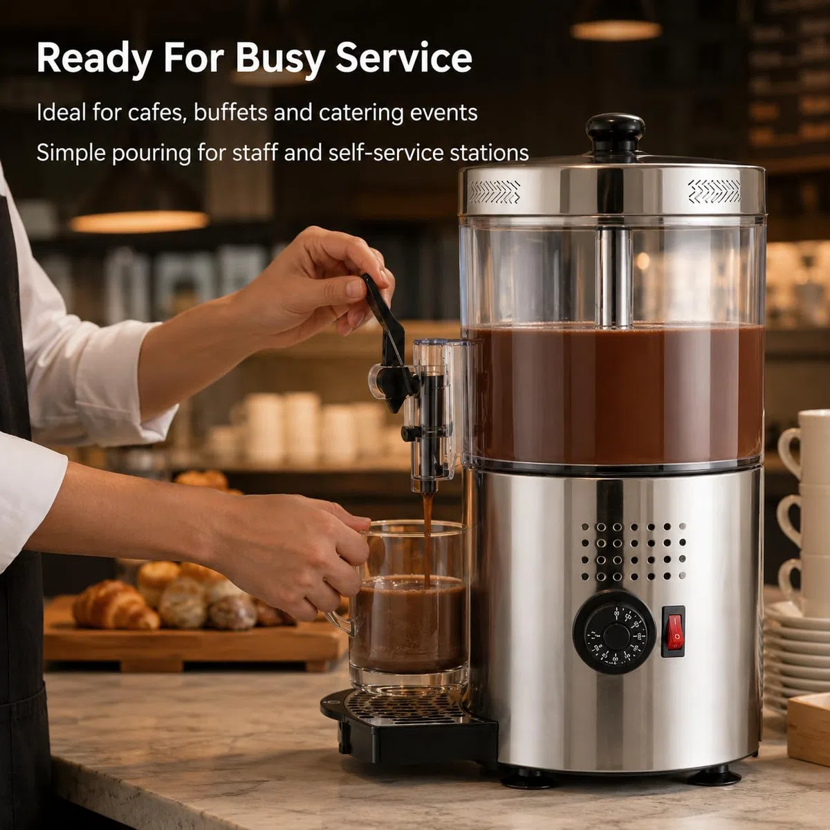 Dispensador Comercial de Chocolate Caliente, Duales Termostatos, Paletas