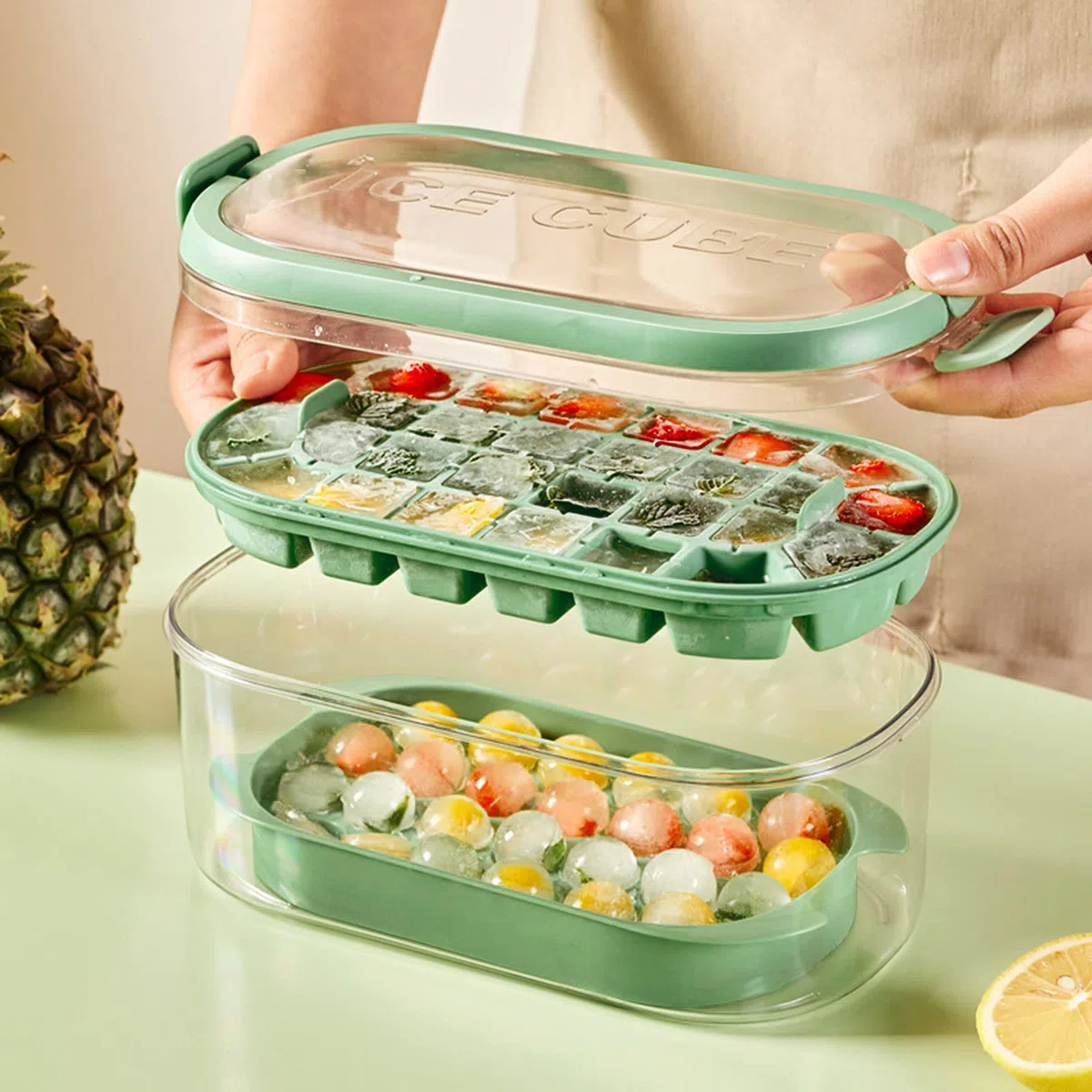 Cubiteras para Hielo de Silicona con tapa y recipiente, Moldes redondos y cuadrados de 54 piezas + pala - Perfectos para Bebidas y Congelador