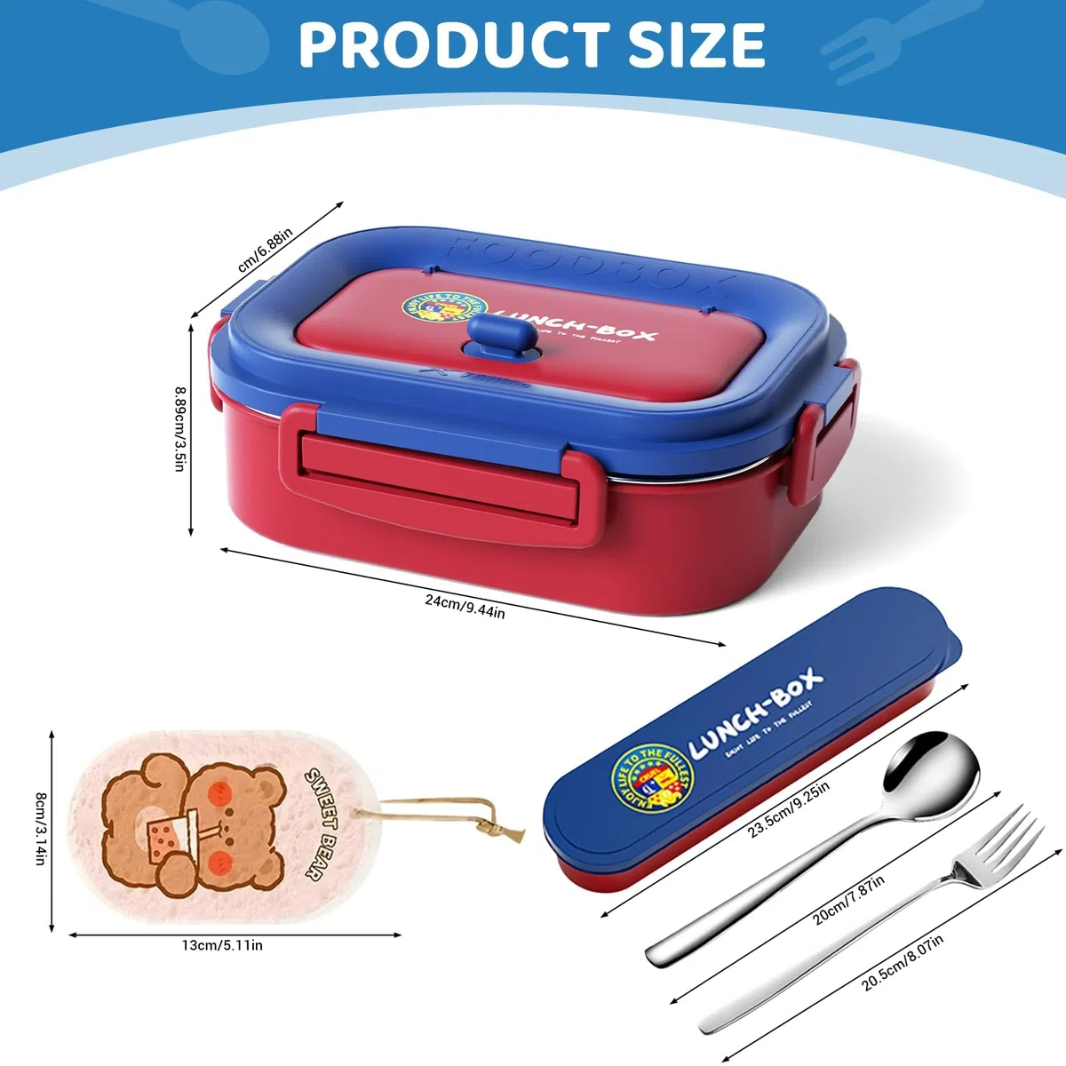 Fiambrera De Acero Inoxidable,Fiambrera Campus,Bento Box para Niños,Lonchera con Compartimento y Tenedor, con Cierre de Clip, De Fugas 1200ml,Para Adultos Y Niños