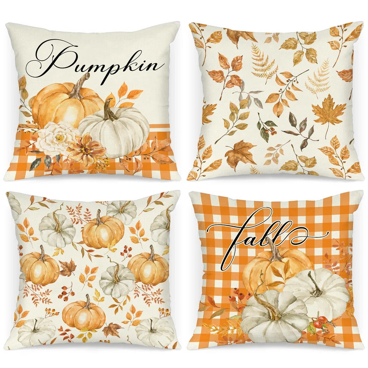 Benjia Juego de 4 Fundas de cojín de otoño de 45x45 cm, Hojas caídas Calabaza Fundas de Almohada de otoño Cubiertas de Almohadas 45 x 45 cm para Acción de Gracias Halloween Home Sofá-Naranja