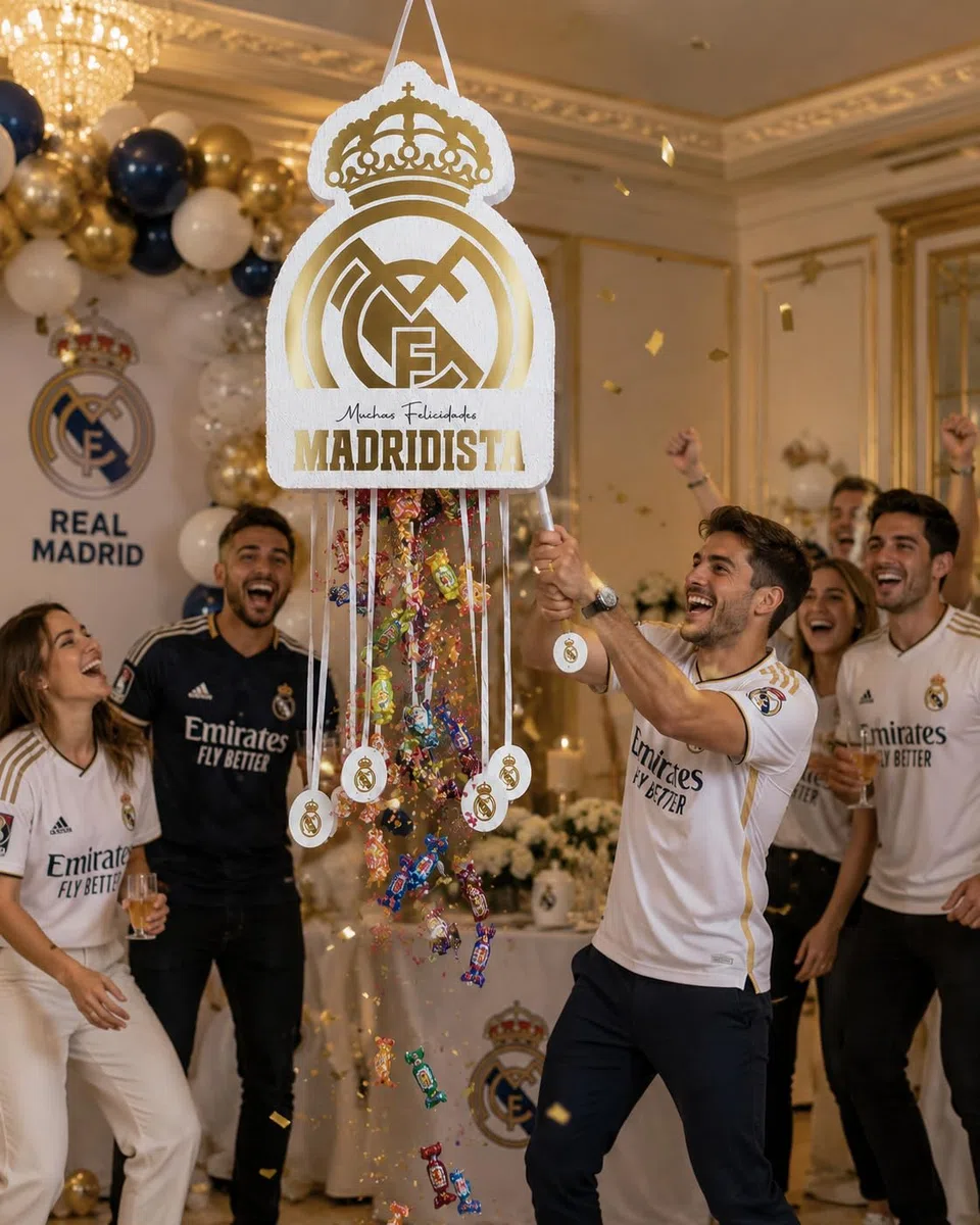Piñata Temática del Real Madrid, Decoración para Fiestas, Ideal para Celebraciones y Cumpleaños