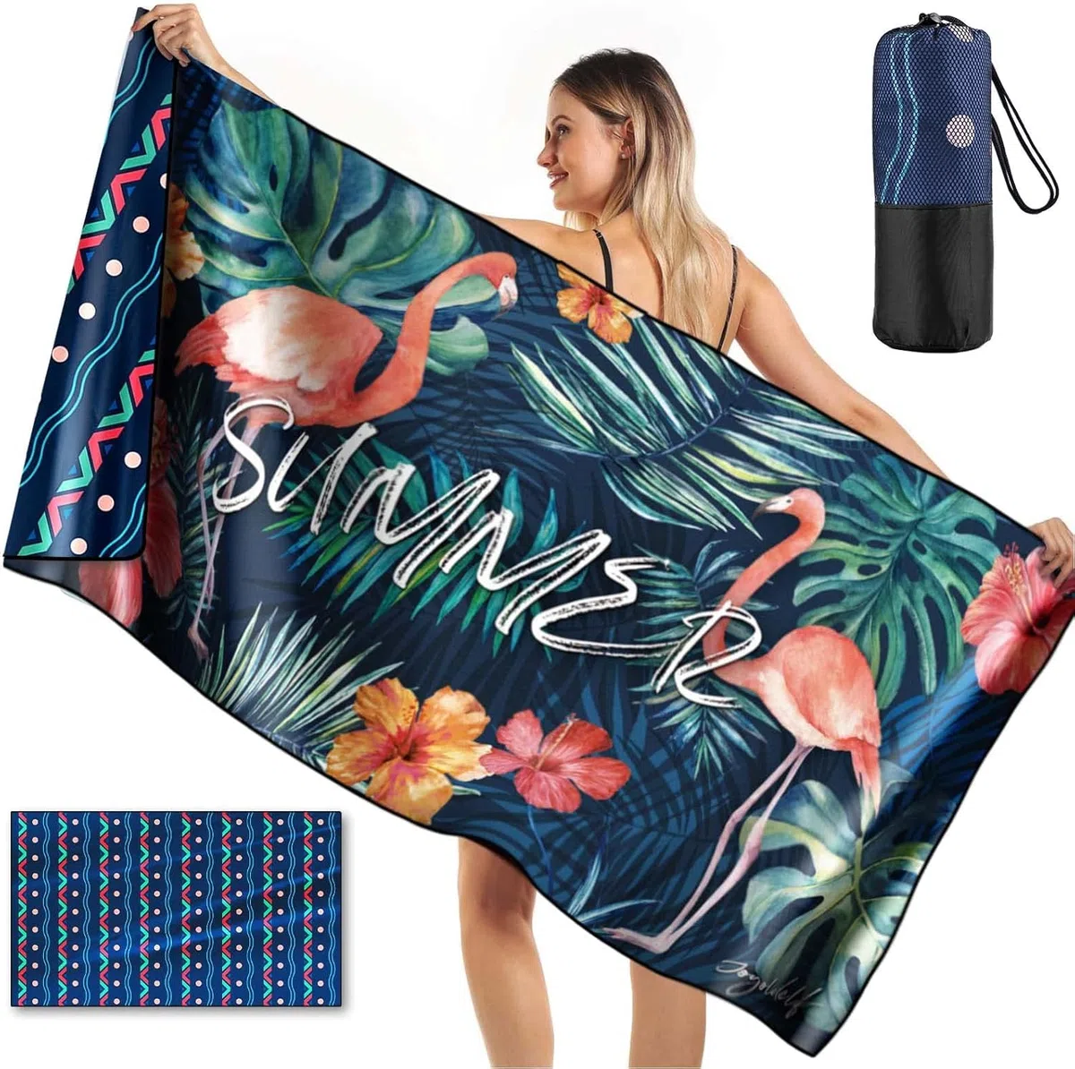 joyoldelf Toalla Playa Grande De Microfibra, 180x90 cm Toalla De Playa Sin Arena, Toallas Playa XXL De Secado RáPido Ultraligera PortáTil, Adecuado para Piscina, Camping, Viaje (Flamenco-Azul)