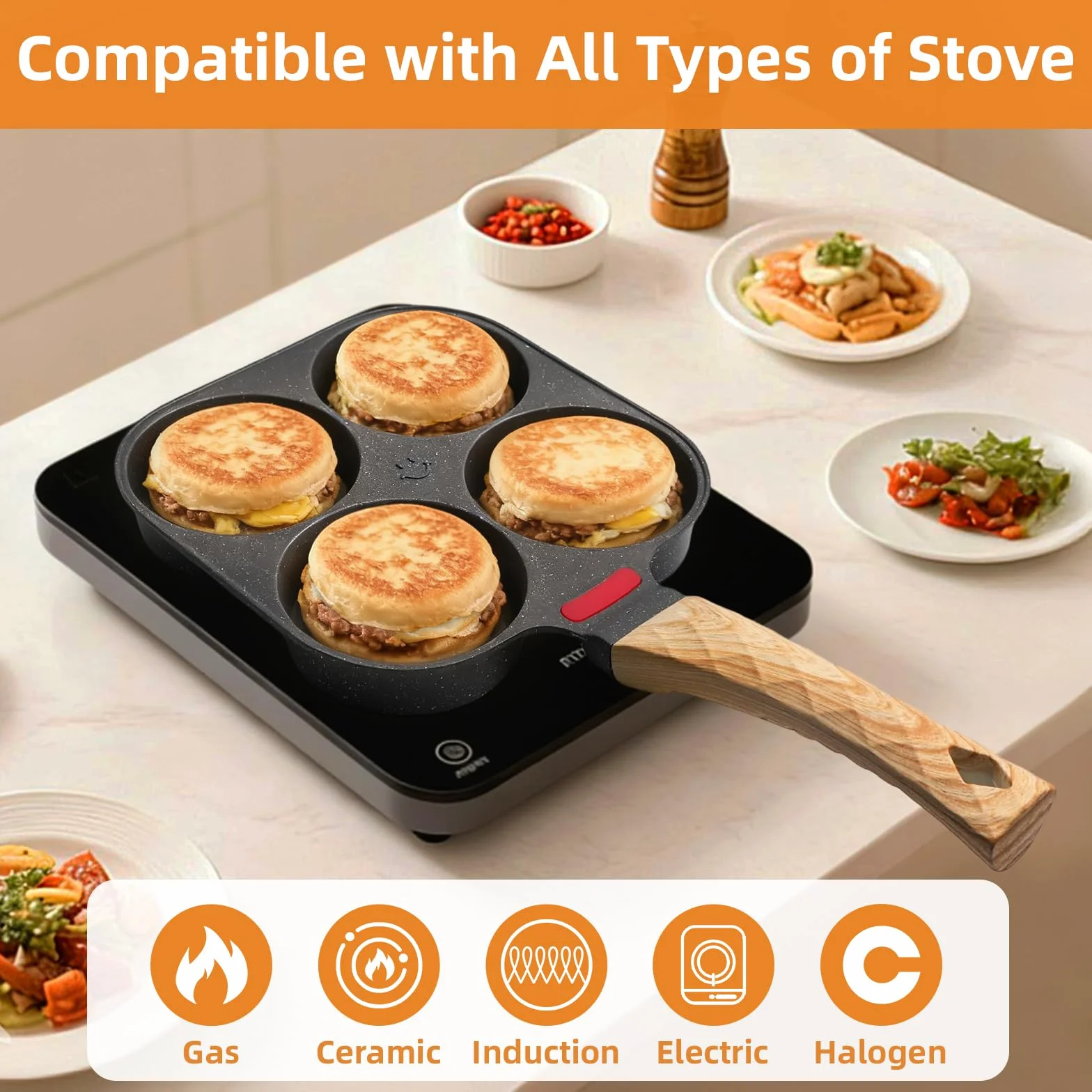 Sarten Tortitas de 4 Agujeros - Antiadherente Sartén Tortilla Inducción para Huevos y Panqueques - Sartén de Aluminio para Desayuno con Inducción y Gas (Negra)