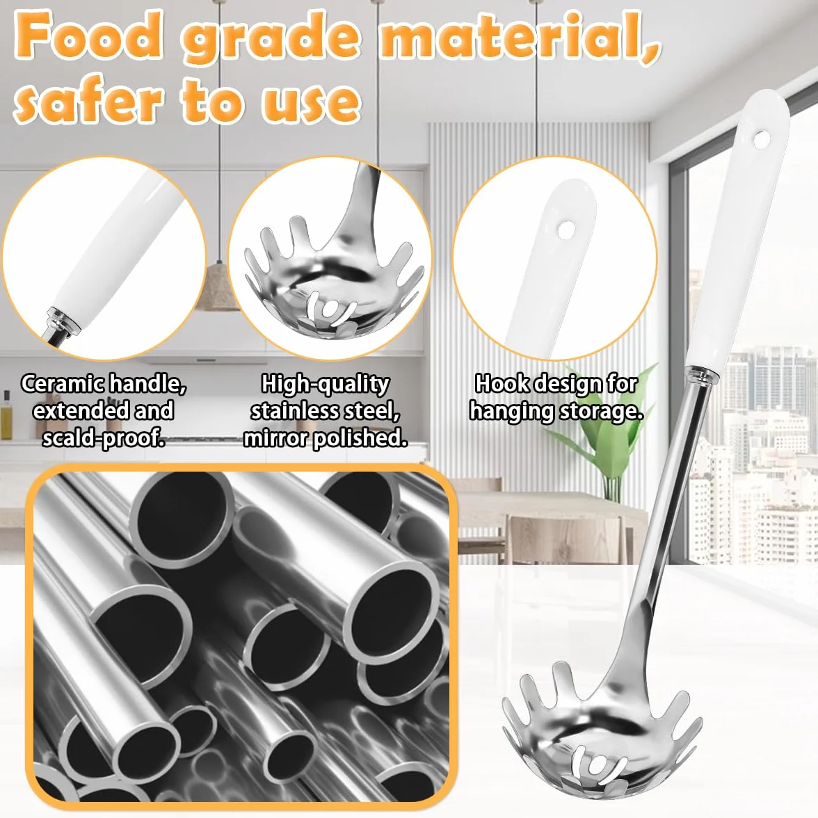 Cuchara de Pasta, Cuchara para Espaguetis de Acero Inoxidable, Cuchara para Fideos con Mango de Cerámica, Servidor de Espaguetis Colgante, Cuchara de Pasta para Cocina 30cm/11. 81 Pulgadas