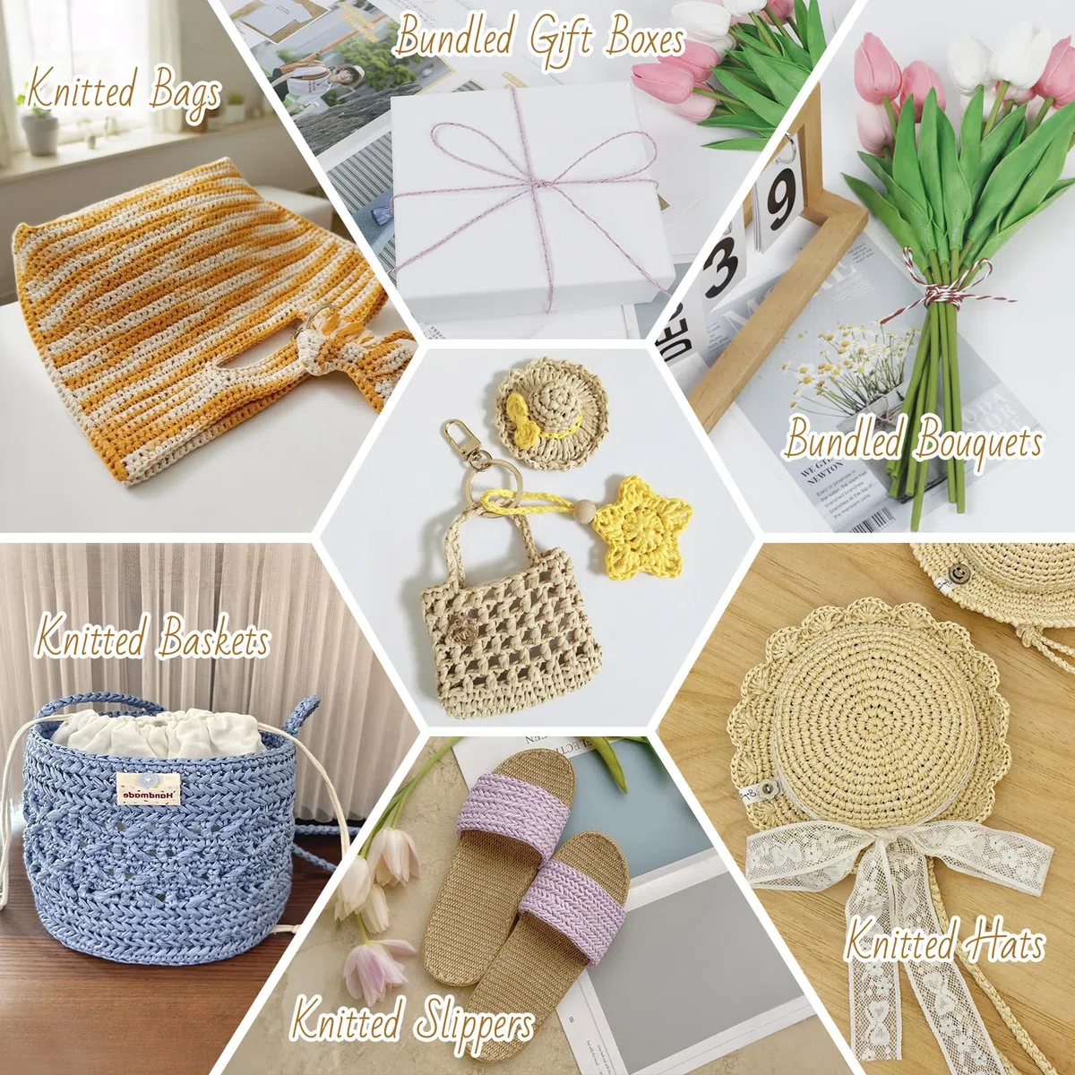 Uiopa Rafia para Tejer Crochet, 250g/380m Hilo de Rafia Natural, Hilo Crochet de Papel para Bolsos, Sombreros, Cestas, Decoración, Manualidades