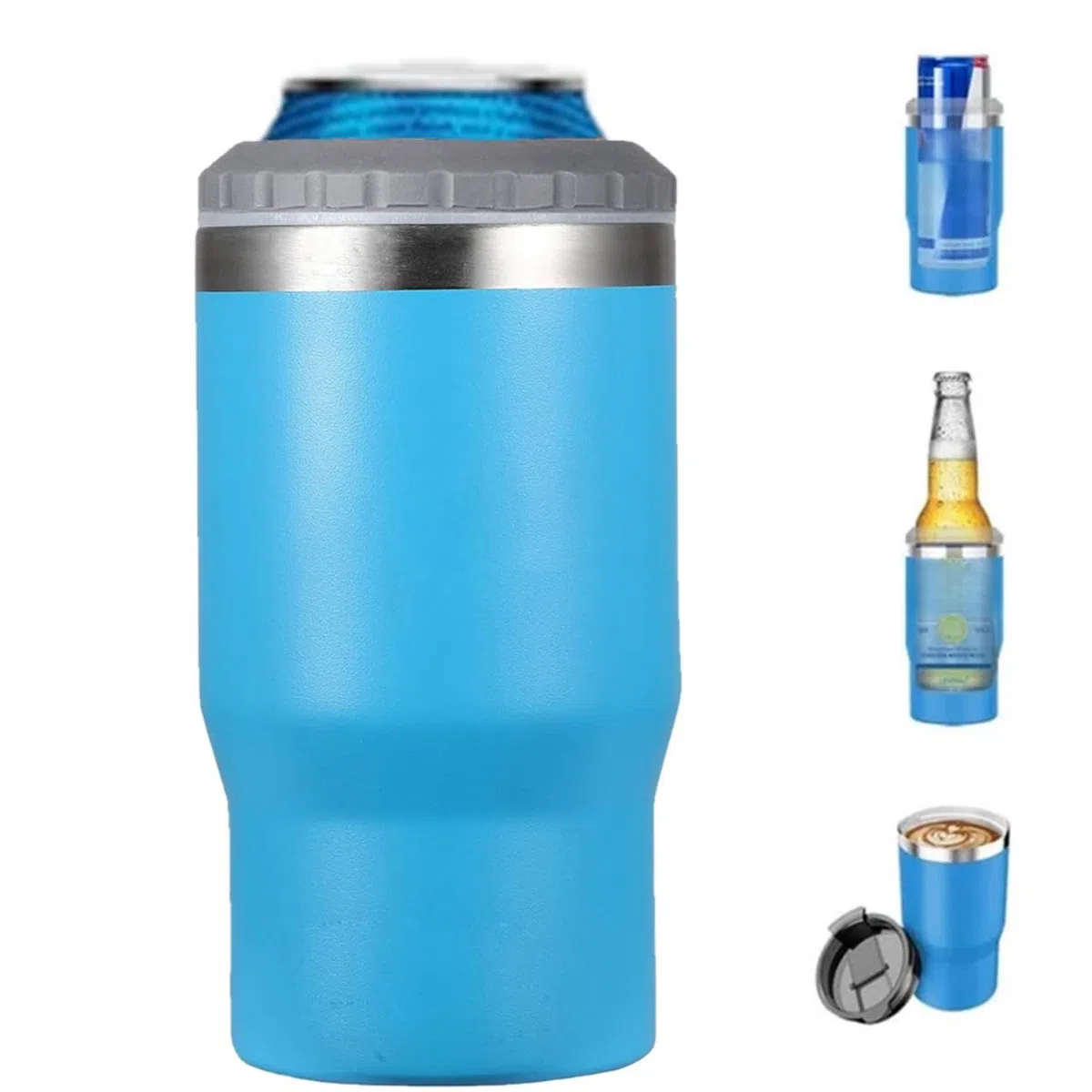 Aislante de lata/botella de acero inoxidable 4 en 1, tapas bidireccionales de 14 onzas, enfriador de latas aislado SUS, soporte para botella de cerveza (Azure)