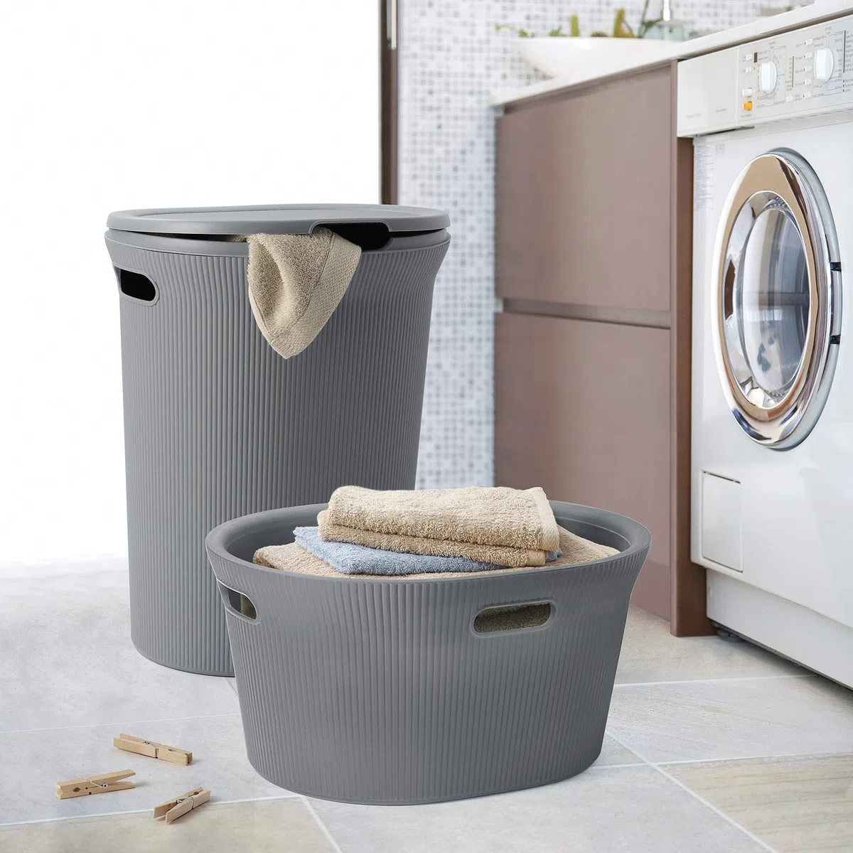 Tatay Cesto de Ropa Baobab, 35 L de Capacidad, de Polipropileno, Libre de BPA, 3 Asas, Color Gris (Antracita), Medidas 52 x 42.5 x 26.5 cm