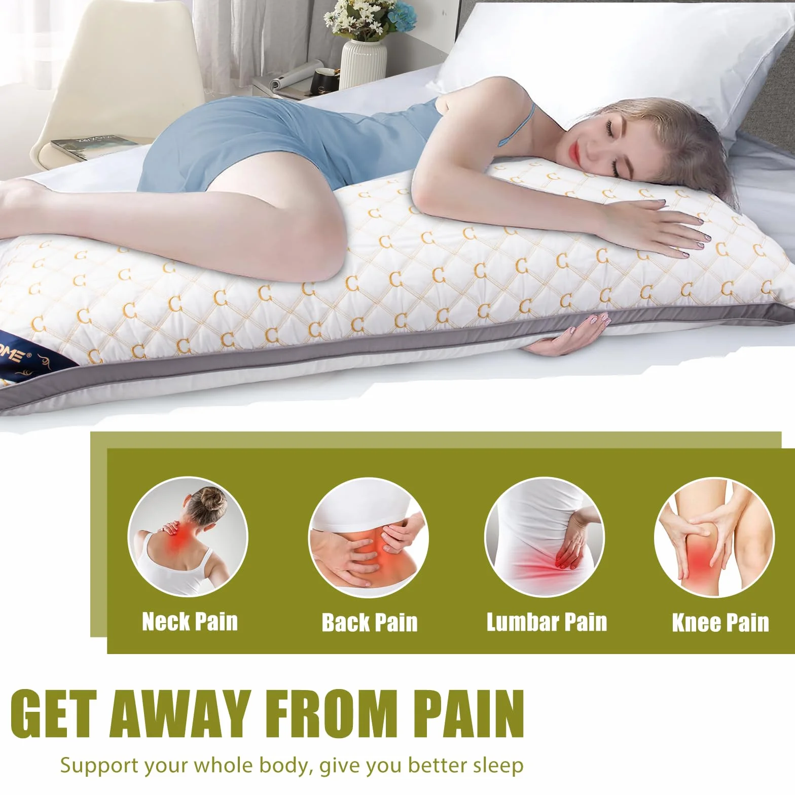 Chilling Home Almohada para dormir de lado con funda, almohada bordada para embarazo, cojín de lactancia, almohada larga para dormir de lado (blanco y dorado)