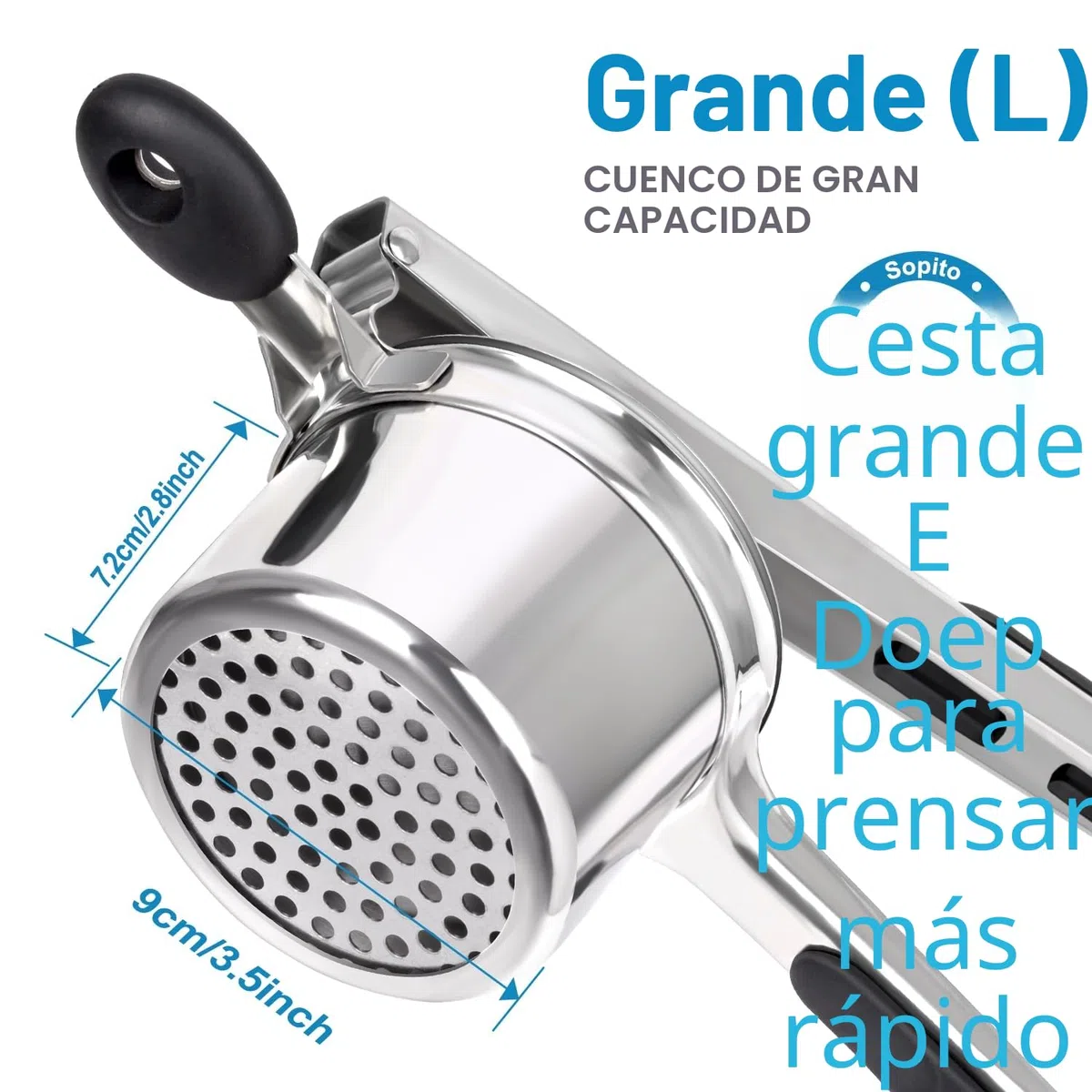 Exprimidor de patatas Sopito con 3 coladores intercambiables, prensador de patatas de acero inoxidable para puré de patatas, puré de verduras, zumos de frutas y receta de alimentos