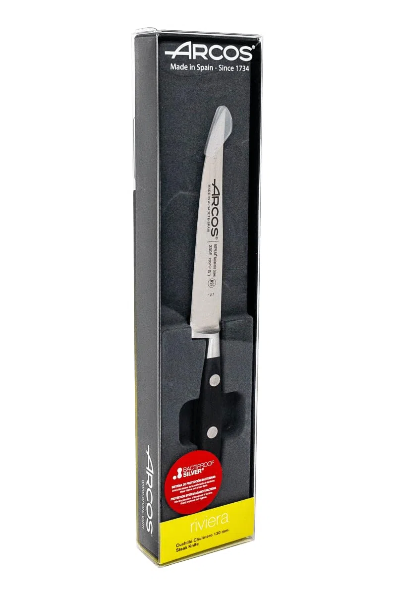 ARCOS Cuchillo carne 130 mm y 5 pulgadas con Hoja Acero Inoxidable 130 mm, Cuchillo cocina profesional cortar una variedad alimentos, Mango ergonómico polioximetileno POM, Serie Riviera, Color negro