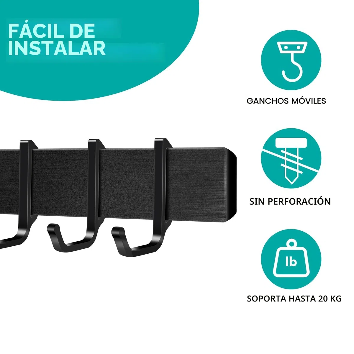 Soporte para utensilios de cocina sin taladro, barra de herramientas de cocina con 7 ganchos móviles, soporte de utensilios de cocina adhesivo, alumini,negro
