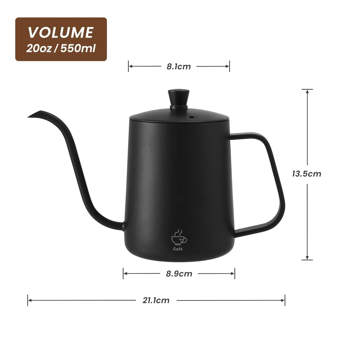 Hervidor pequeño con cuello de cisne negro, pico largo y estrecho, 550 ml, acero inoxidable, mini hervidor de agua para té, gotero para verter sobre café, agua fría y caliente