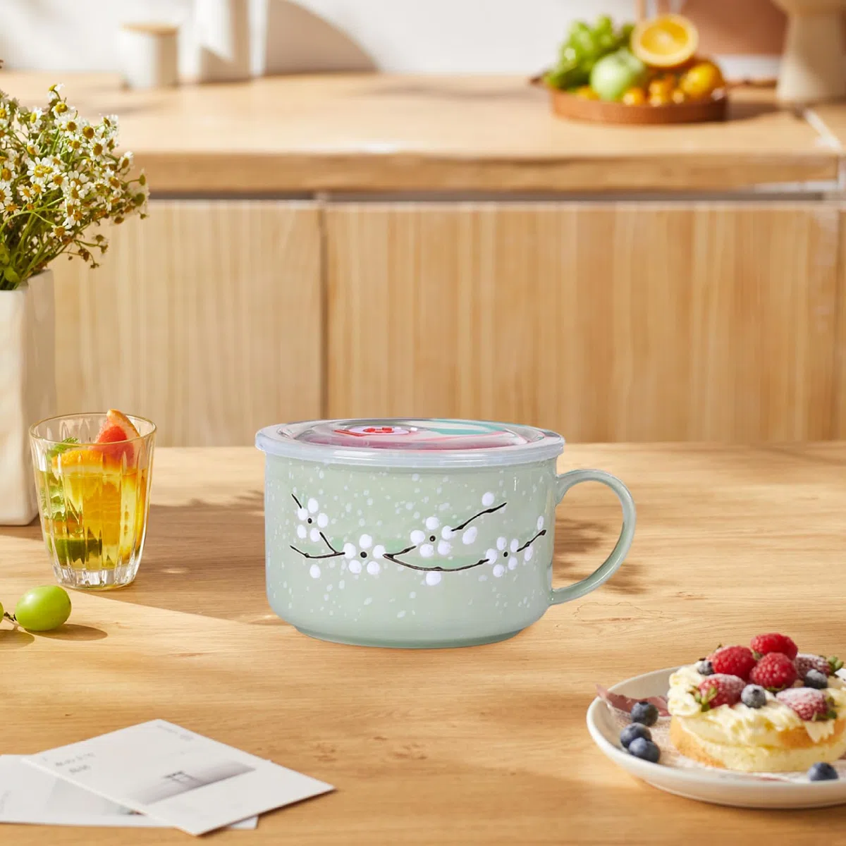 2 cuencos de sopa con asas de 800 ml/28 oz con sellado resistente al calor para microondas con tapa, taza de viaje de cerámica floral invernal para gachas de fideos ramen, cuenco de cerámica con tapa