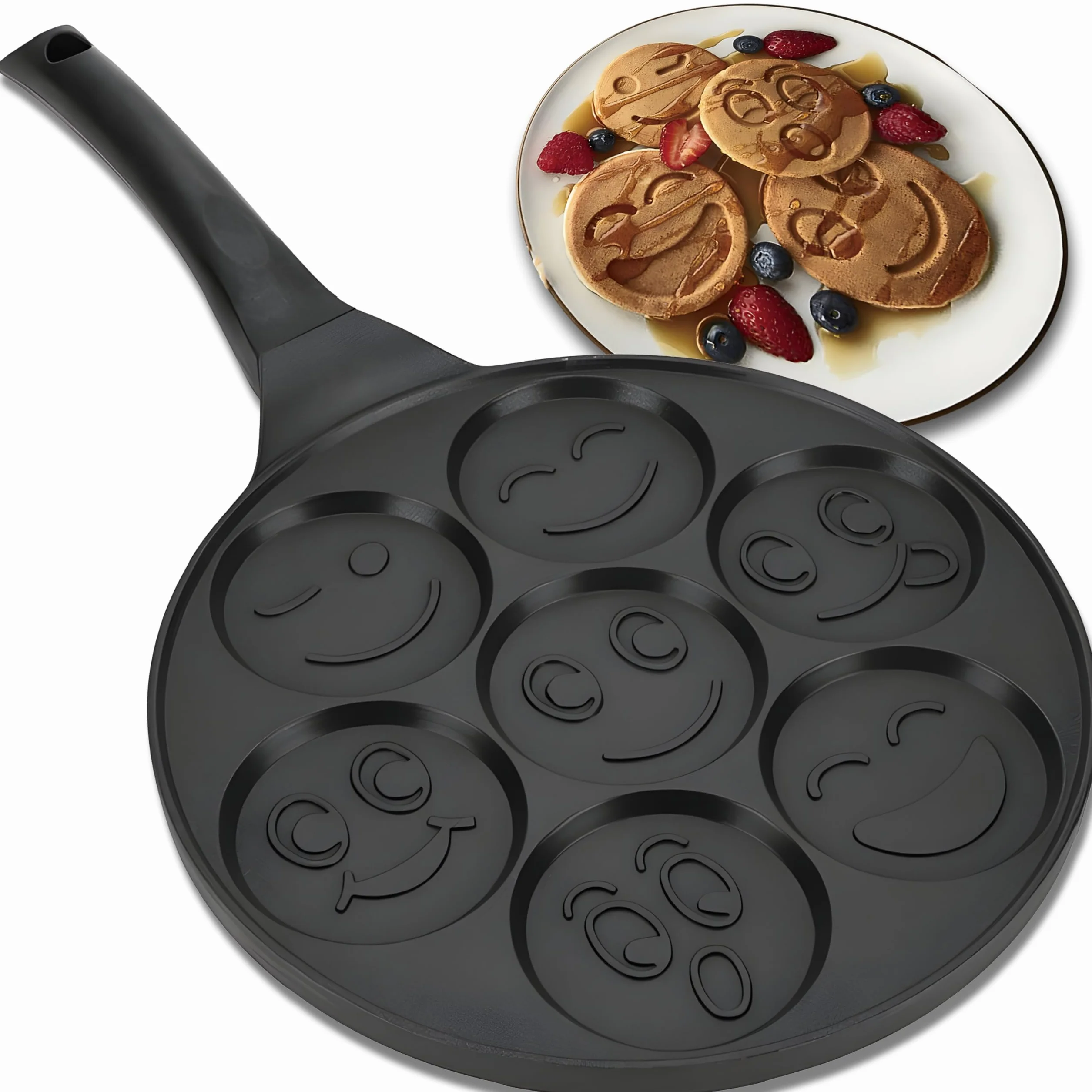 Retoo Sarten para Tortitas Antiadherente Panquecas Huevos Molde Crepes 7 Agujeros Diámetro 26,5 cm Fácil de Limpiar Infantil y Divertido Negro
