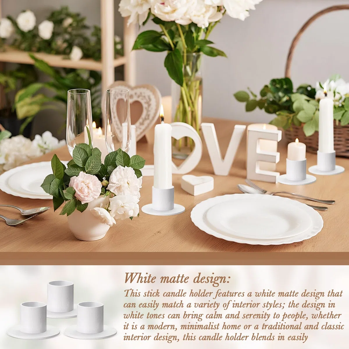 Portavelas para Velas de Palo Portavelas de Columna Candelabros de Metal Blanco Soporte de Velas para Decoración de Salón Comedor Habitación Fiesta Navidad (6, Blanco)