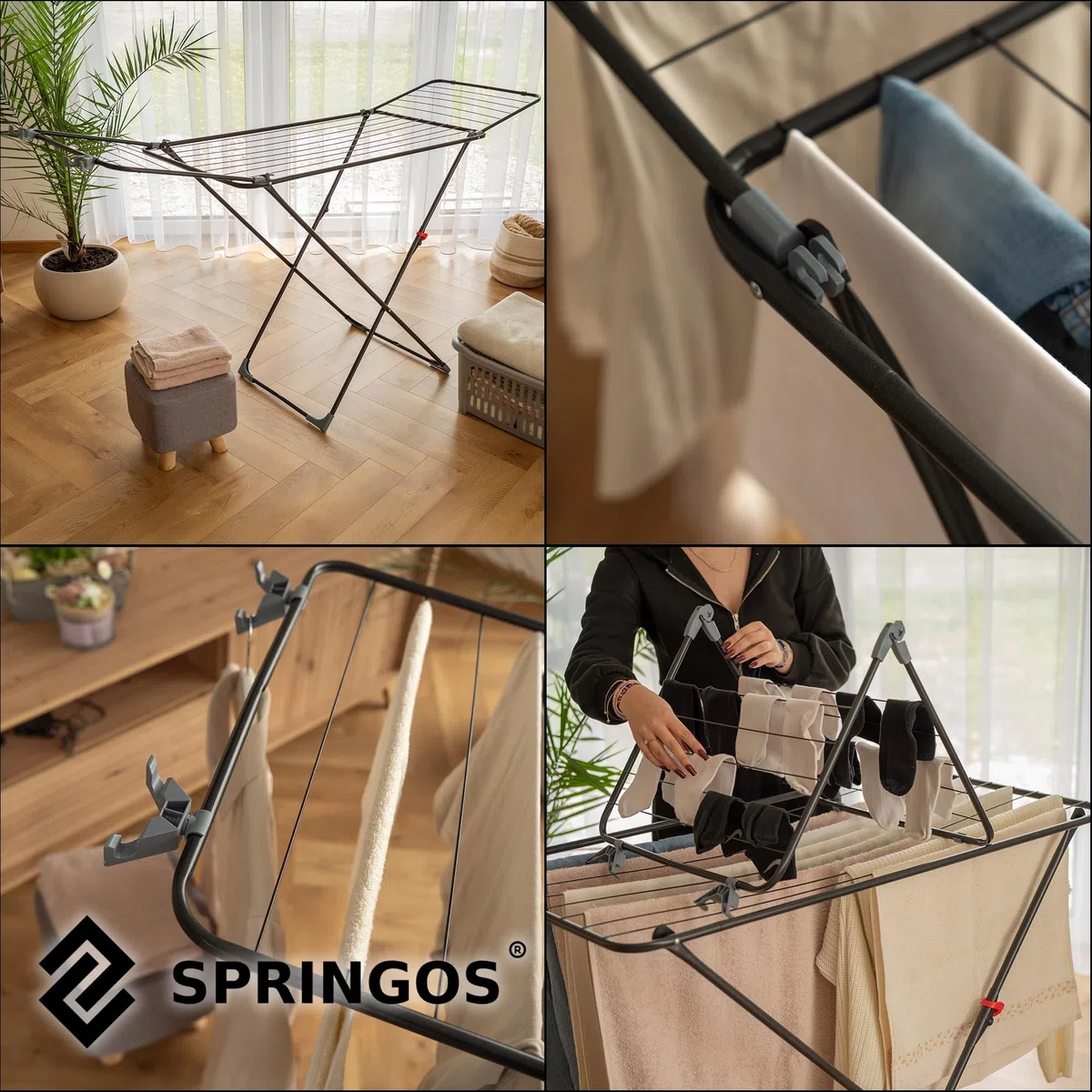 SPRINGOS - Tendedero para balcón plegable 3en1 con 17 metros de superficie de secado para ropa, prendas y ropa interior. Soporte para secar en el balcón, radiador y bañera