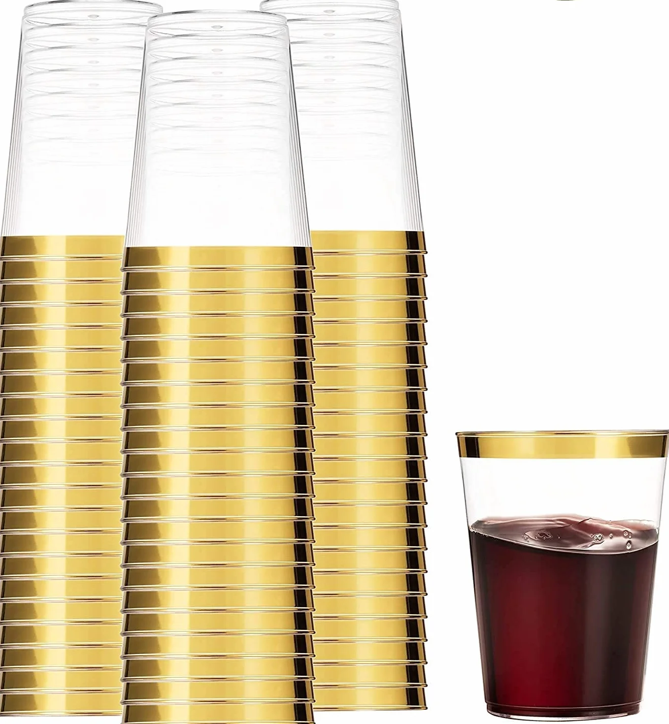 LATERN 50 Piezas Vasos de Plástico con Borde de Dorado, 360ml Plasticos Vasos de Bebida Reutilizables Copas de Vino Elegantes para Fiestas para Champán Cerveza Cóctel Martini Soda (10,5 x 7,5cm)