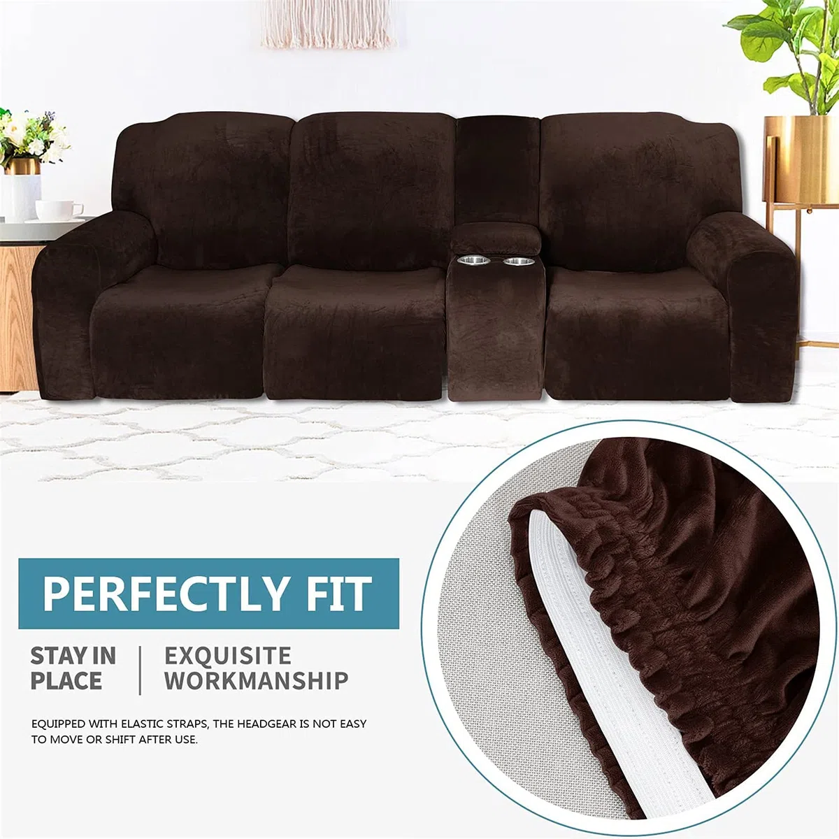 Funda reclinable elástica de Terciopelo con Consola - Tela Lavable Suave y Gruesa - Color Arena de 2 a 3 plazas - ¡Proteja su sofá reclinable con Esta Funda reclinable Premium contra el Desgaste Dia
