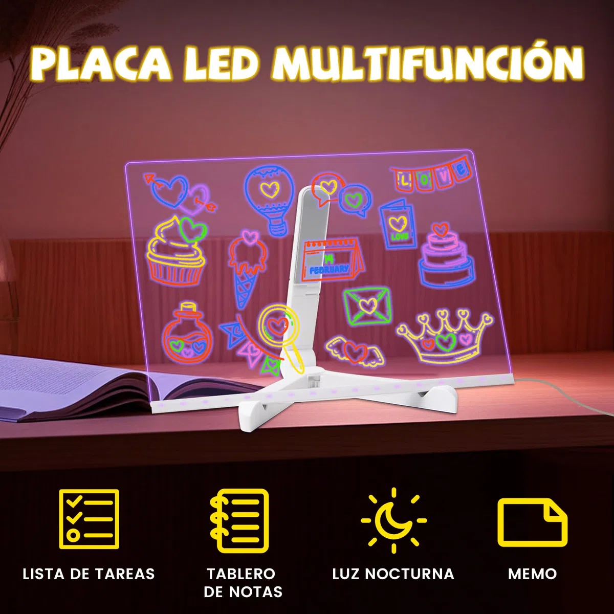 Lustaled Tablero de dibujo LED, tablero acrílico con luz LED para garabatos con bolígrafo de 7 colores, 30 x 20 cm con soporte, tablero mágico de mensajes de escritura LED para niños, tablero de notas