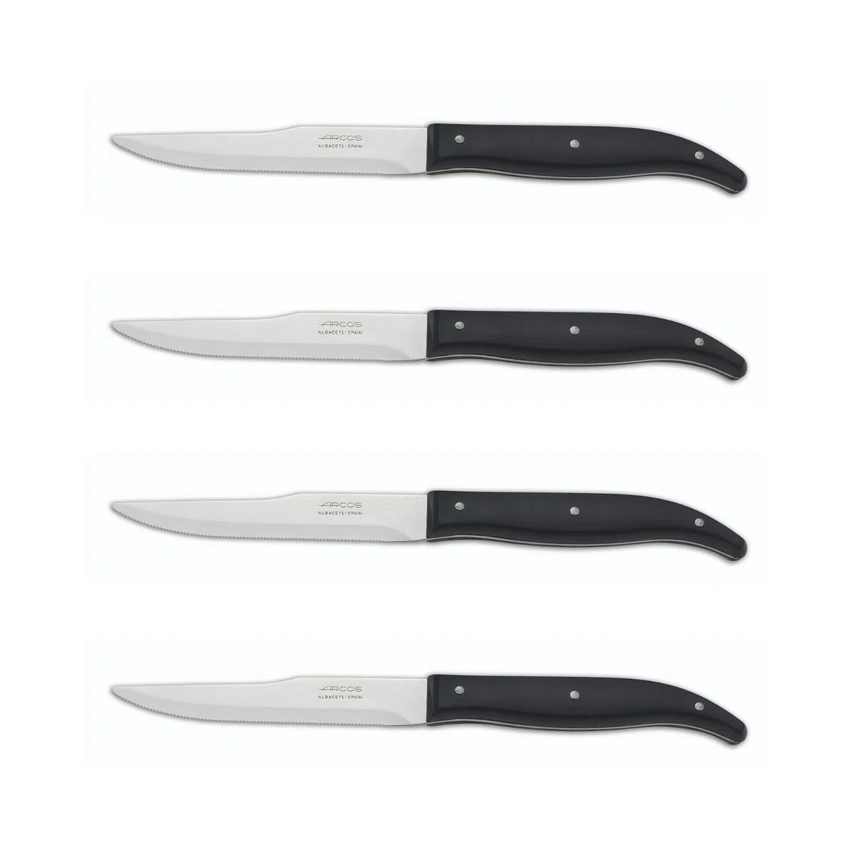 Arcos Cuchillos de Mesa, Juego de Cuchillos Chuleteros 4 piezas, Acero Inoxidable Nitrum de 110 mm, Mango Nylon Color Negro