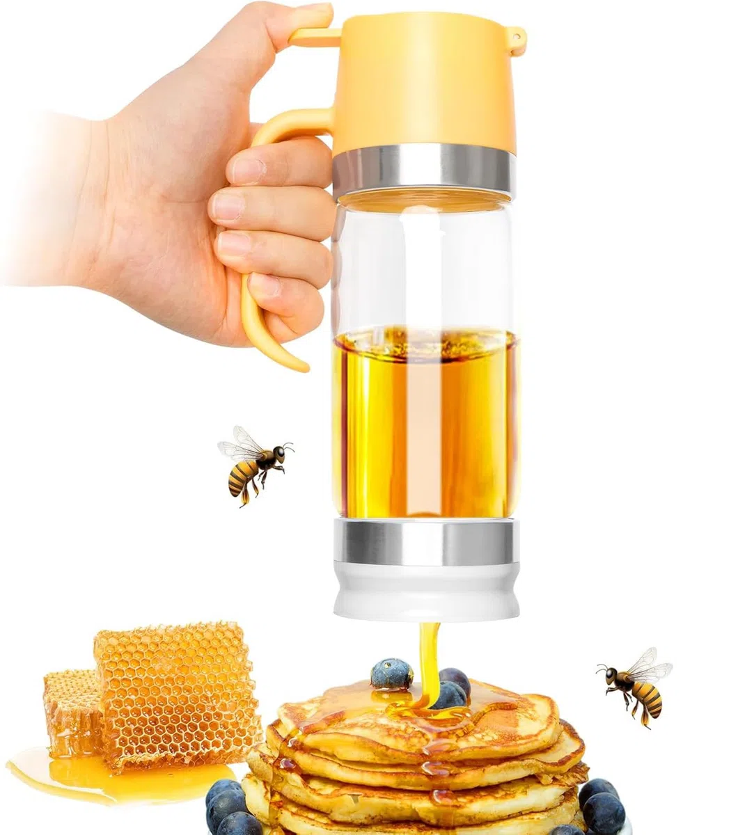Dispensador de miel de cristal, 350 ml, boquilla antigoteo con mango y base antideslizante, recipiente de cristal multiusos para miel, jarabe, café (apto para lavavajillas), color amarillo