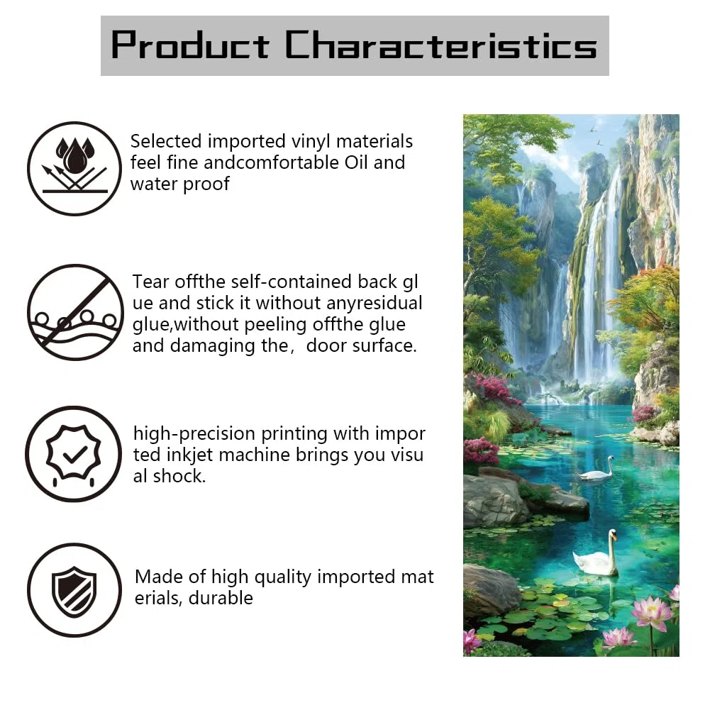 arricraft 2 calcomanías autoadhesivas para puerta, 31.5 x 78.7 pulgadas, diseño de lirio de agua de cisne, flores, plantas, paisajes verdes, murales de puerta, calcomanías de PVC para puertas