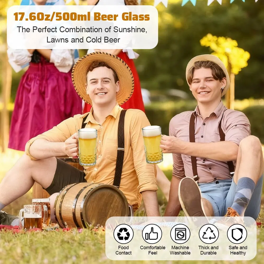 2 PCS Jarras de Cerveza de Cristal 500 ml, Vaso de Cerveza con Asa, Jarra deCerveza Grande y Estable, Taza deCerveza Transparente para Fiestas, Bares y Restaurantes -Aptas para Lavavajillas